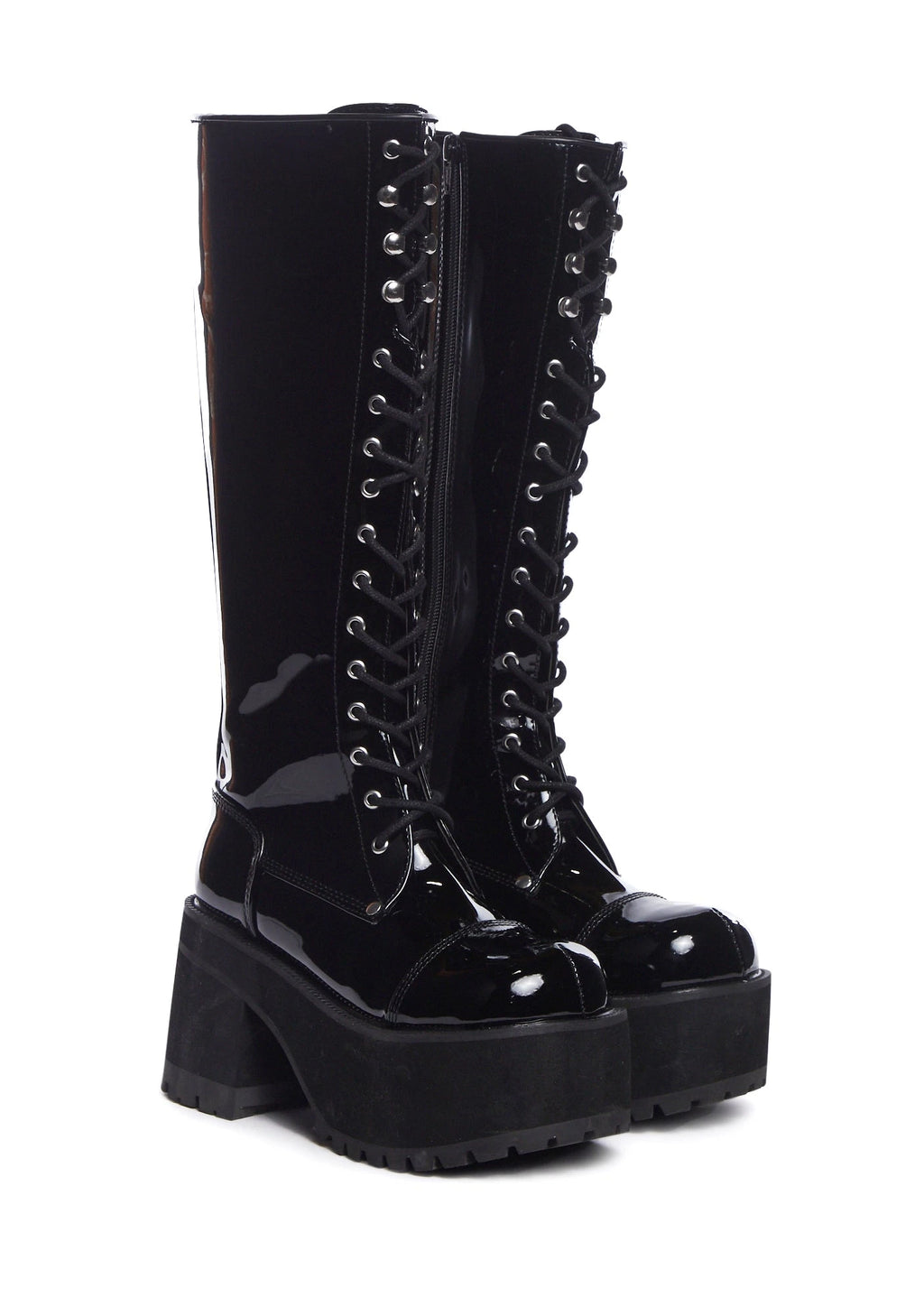 Patent Knee-High Platform Combat Boots - Black