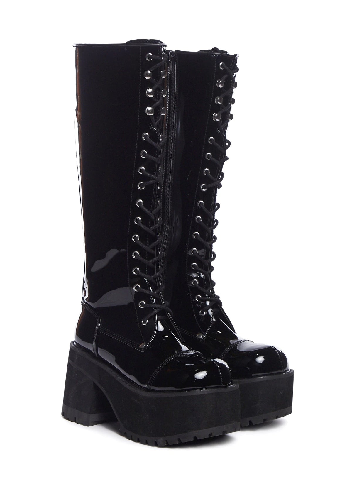 Patent Knee-High Platform Combat Boots - Black