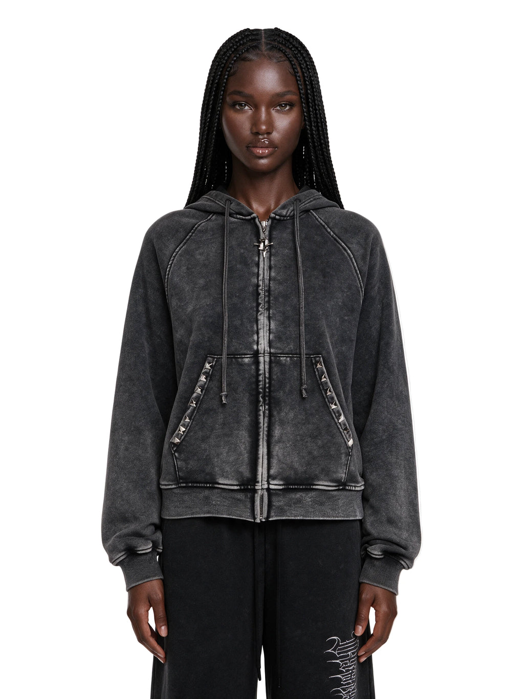 Studded Washed Zip Hoodie - Black