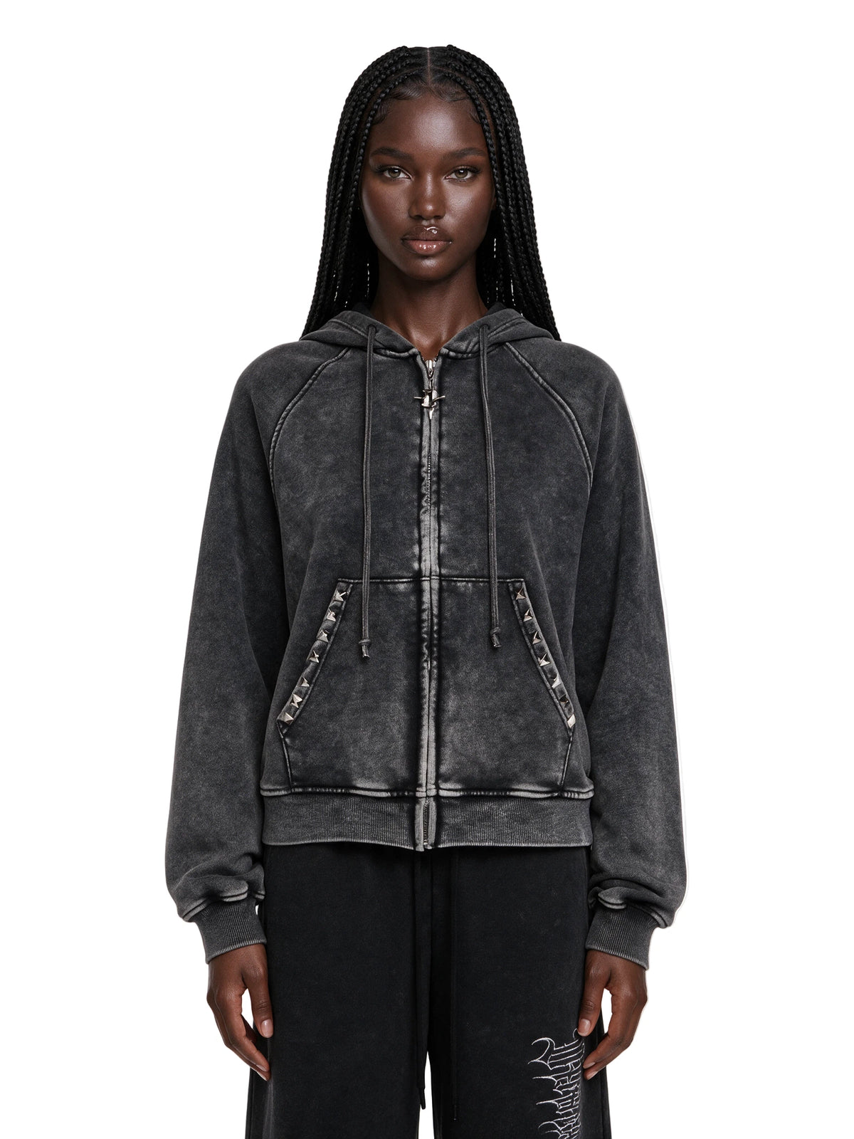 Studded Washed Zip Hoodie - Black