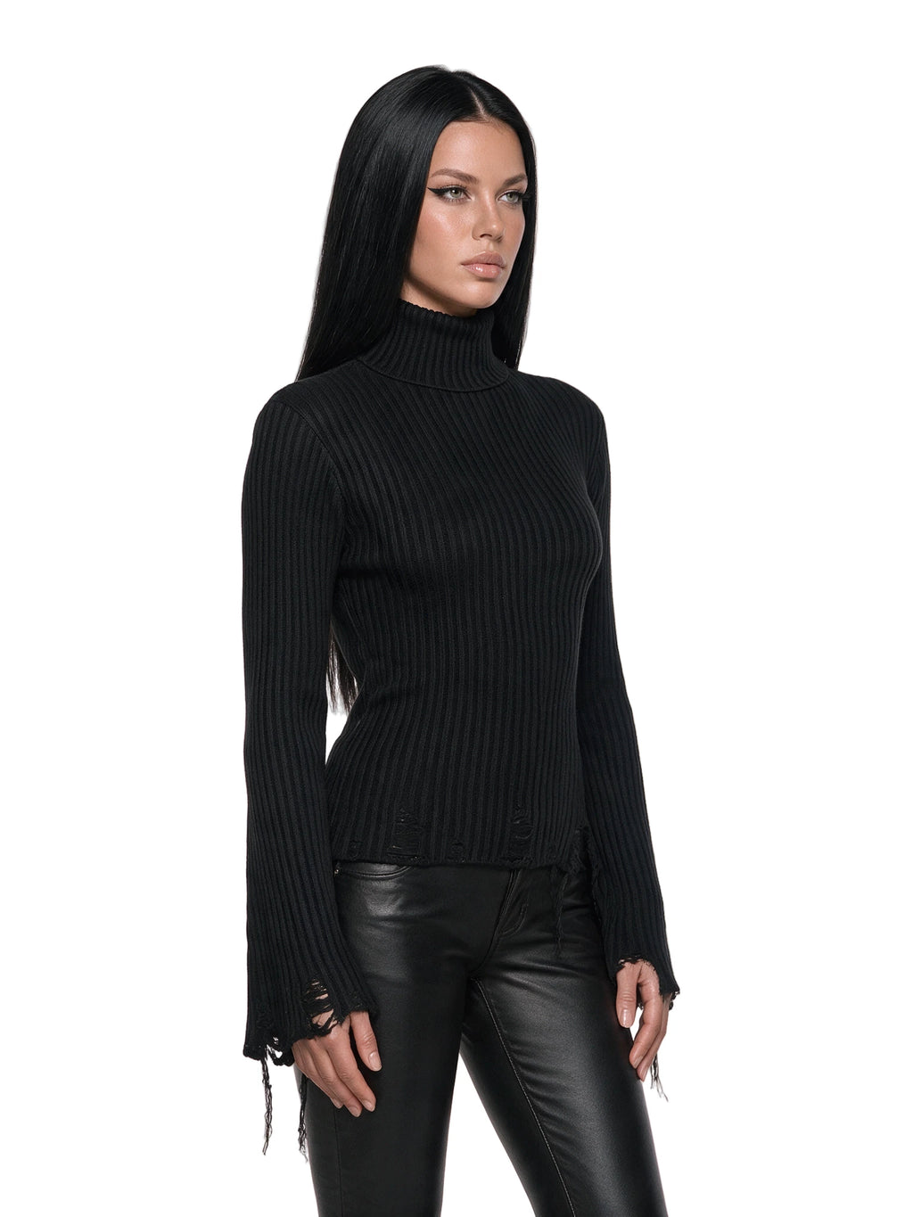 Distressed Cropped Turtleneck Sweater - Black