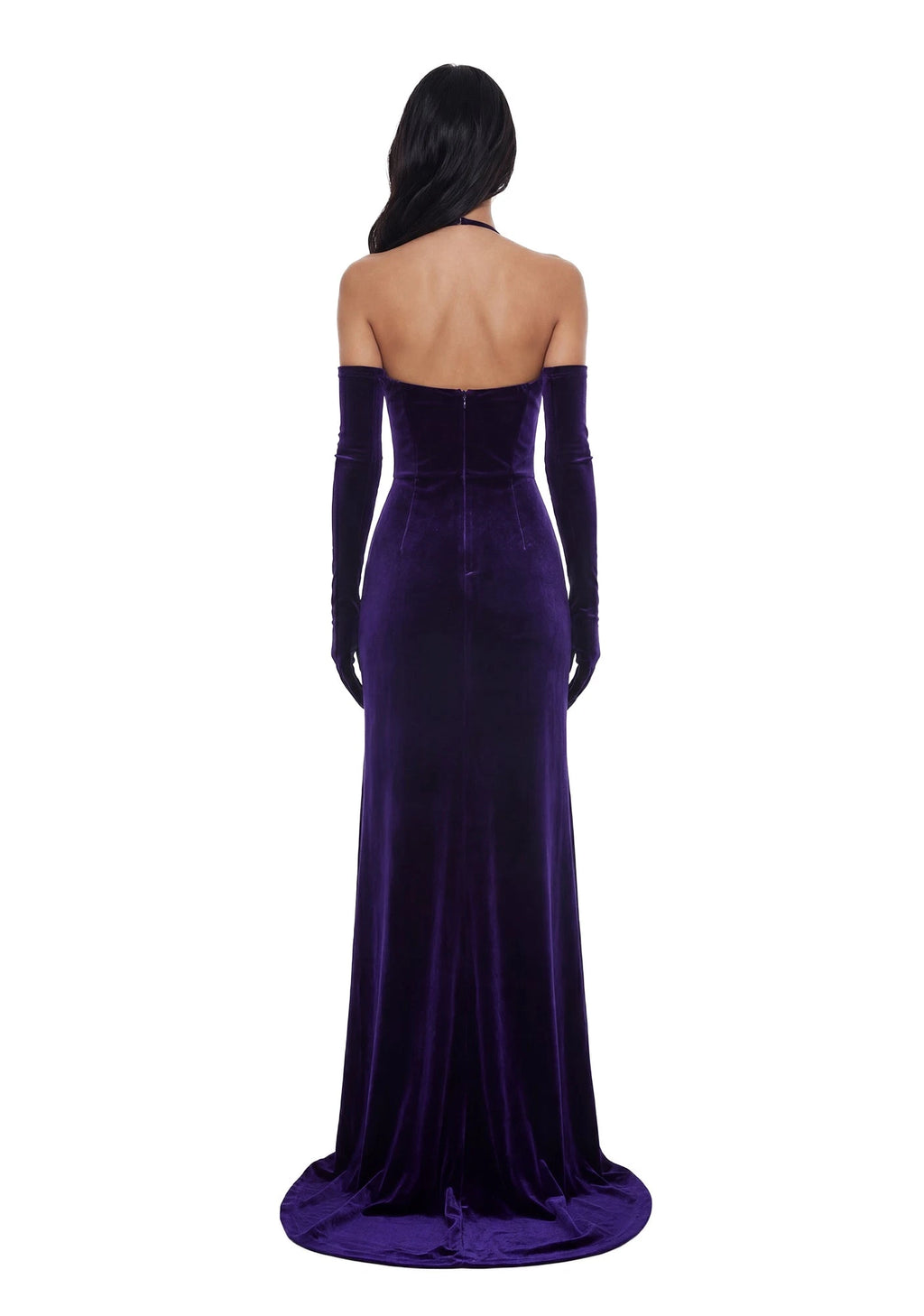 Velvet Maxi Dress Set With Gloves - Purple