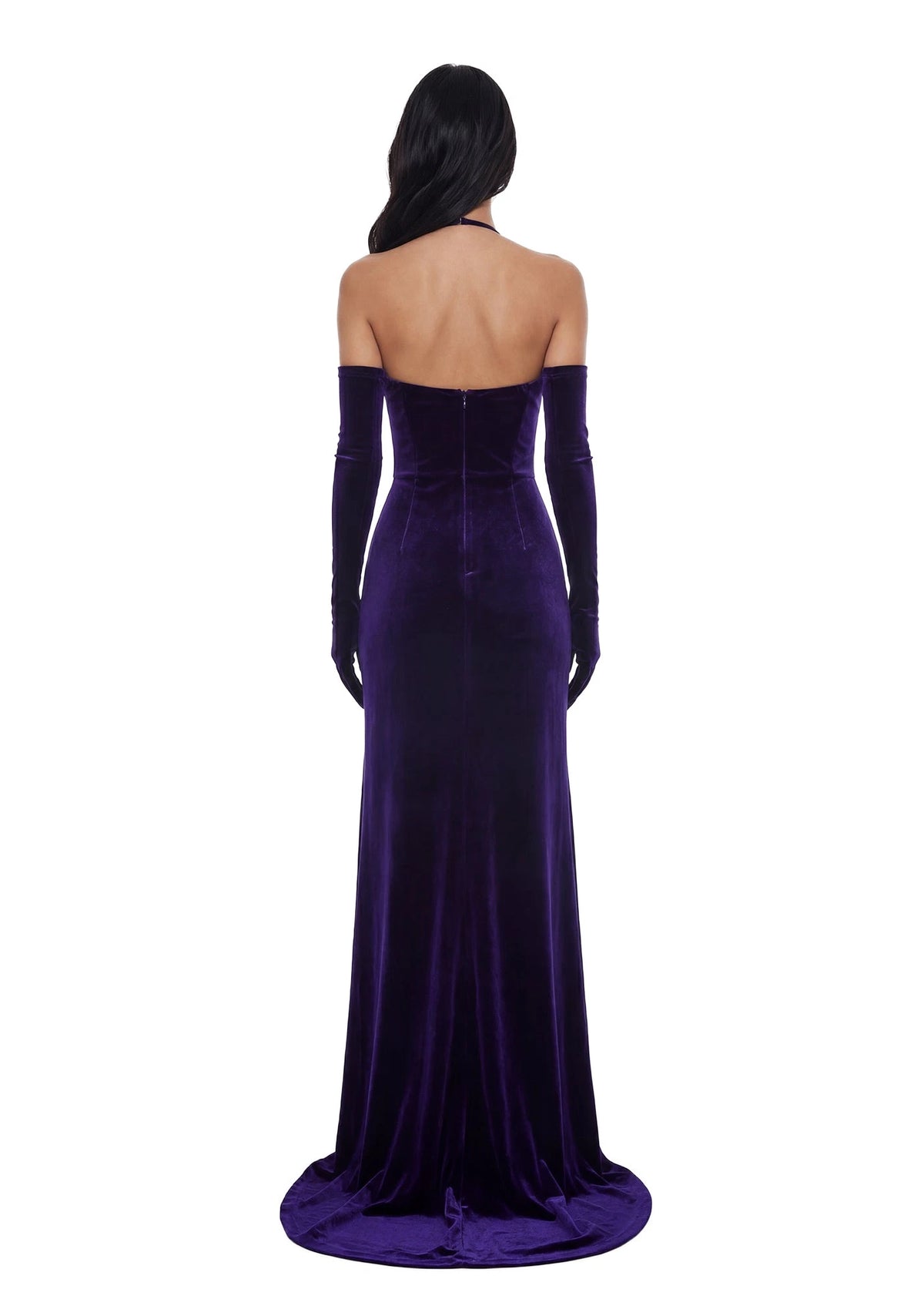 Velvet Maxi Dress Set With Gloves - Purple