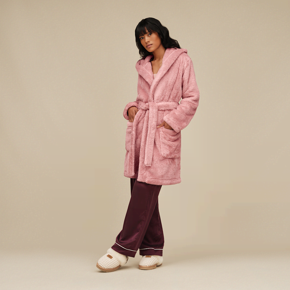 Women's Hooded Plush Fleece Robe - Cream