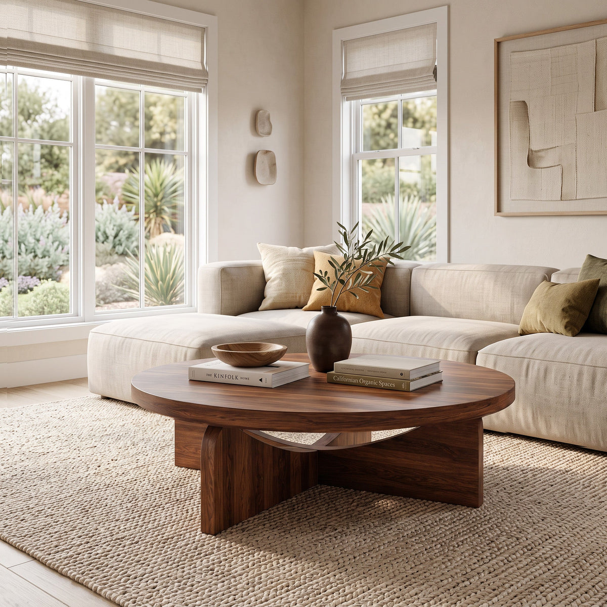 Modern Round Wood Coffee Table With Unique Base For Living