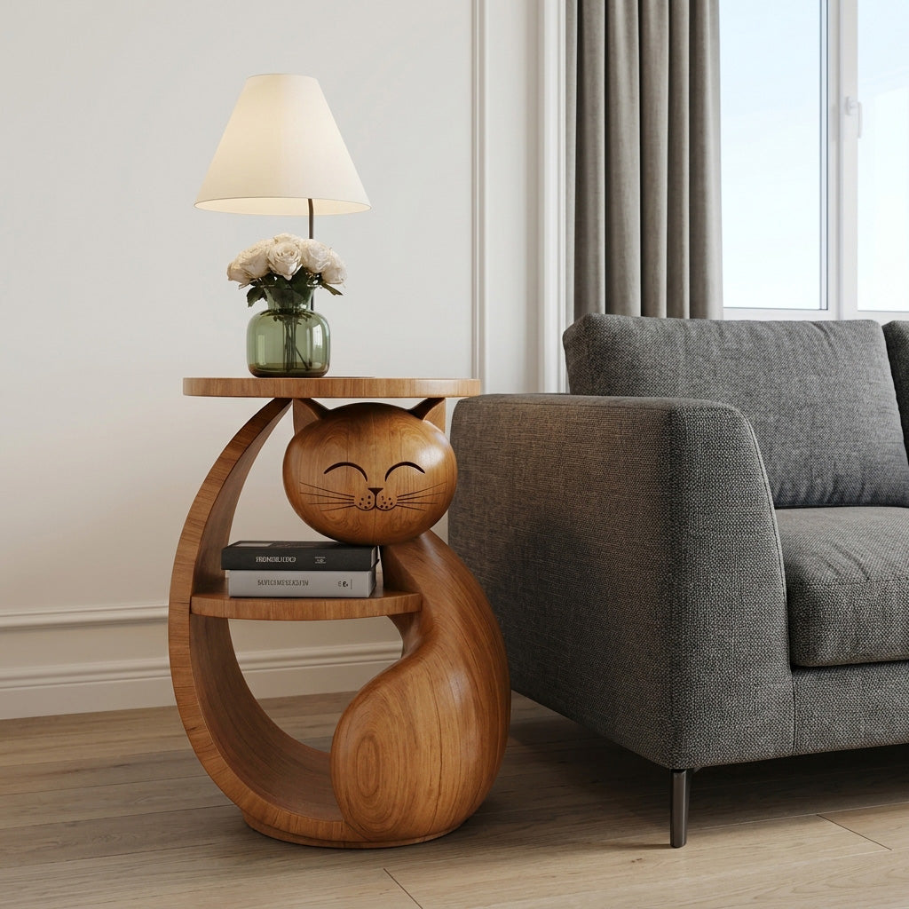 Whimsical Cat Shaped Wooden Side Table With Shelf For Bedroom Or Kids Room