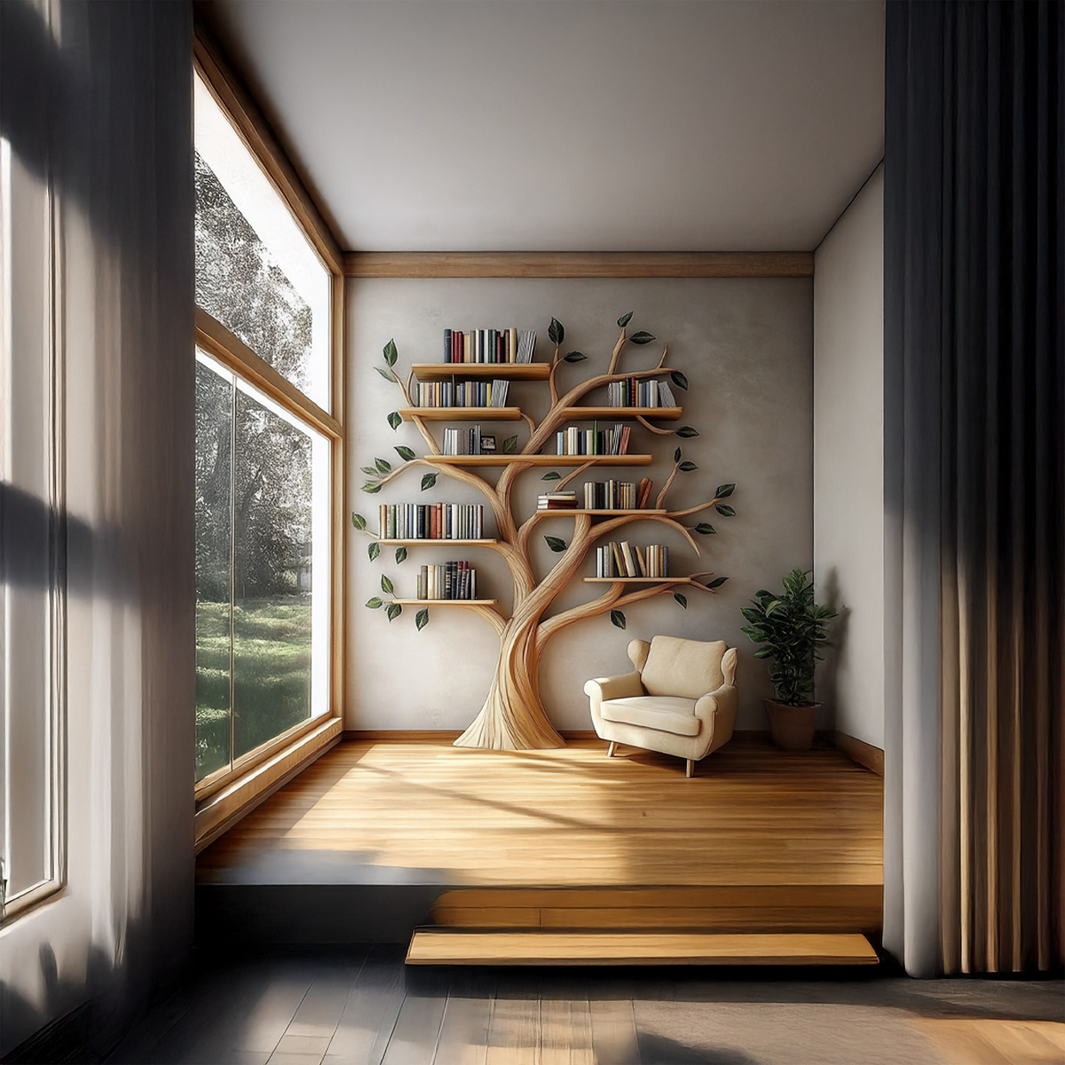 Rustic Tree Bookshelf Living Room Reading Corner