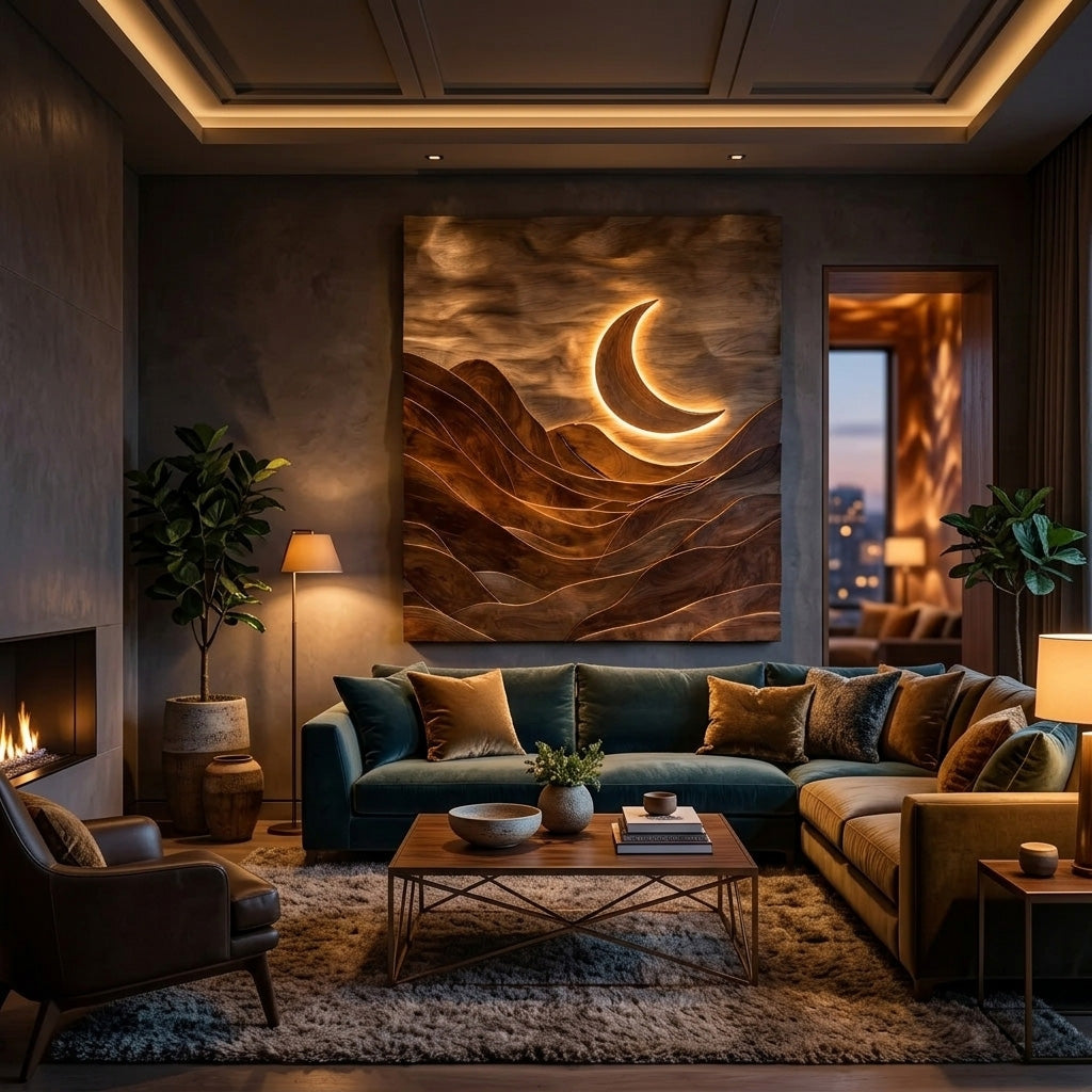 Large Crescent Moon Wood Wall Art For Living Room