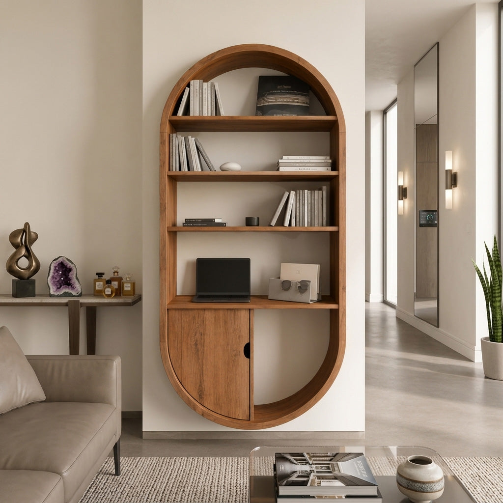 Arched Wooden Wall Bookshelf With Cabinet & Lighting