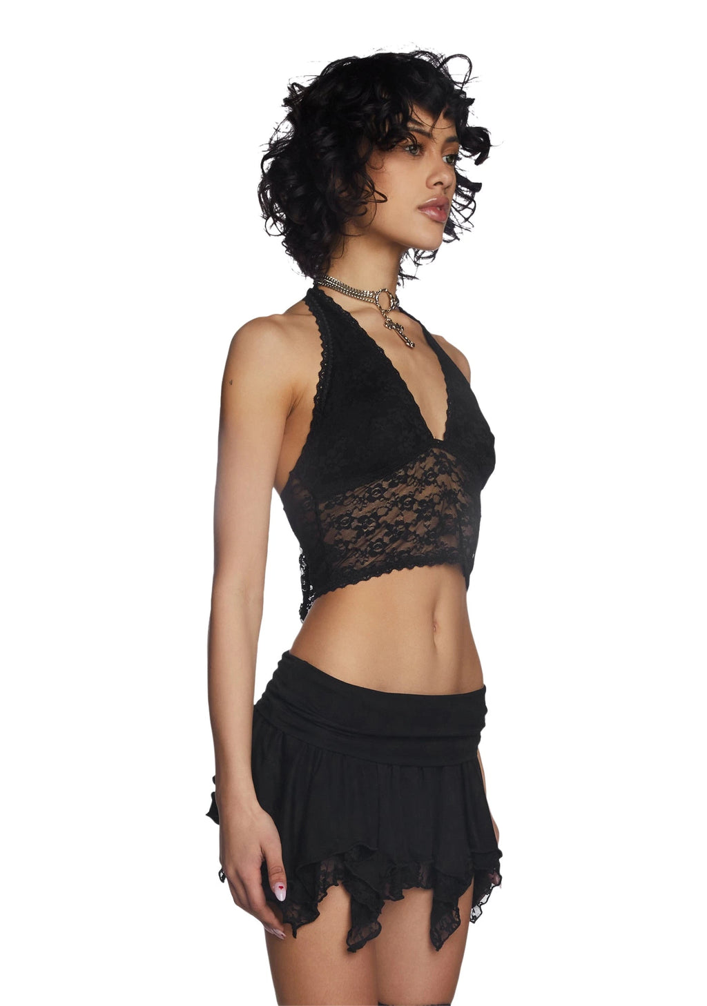 Lace Halter Crop Top - Black