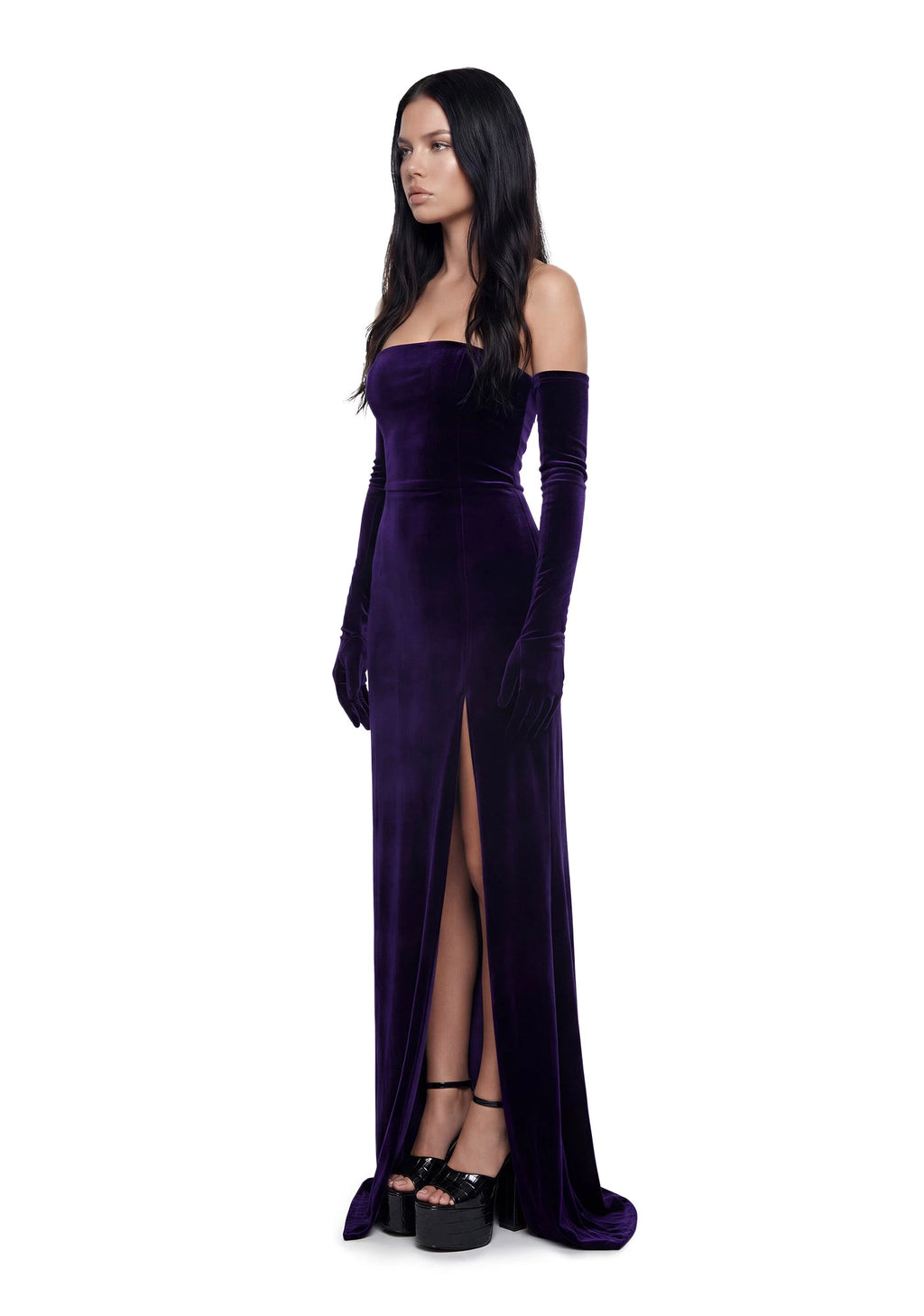 Velvet Maxi Dress Set With Gloves - Purple