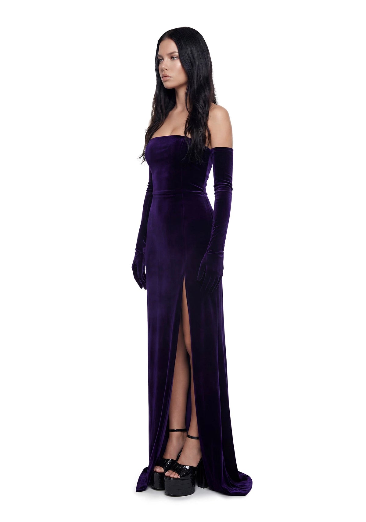 Velvet Maxi Dress Set With Gloves - Purple