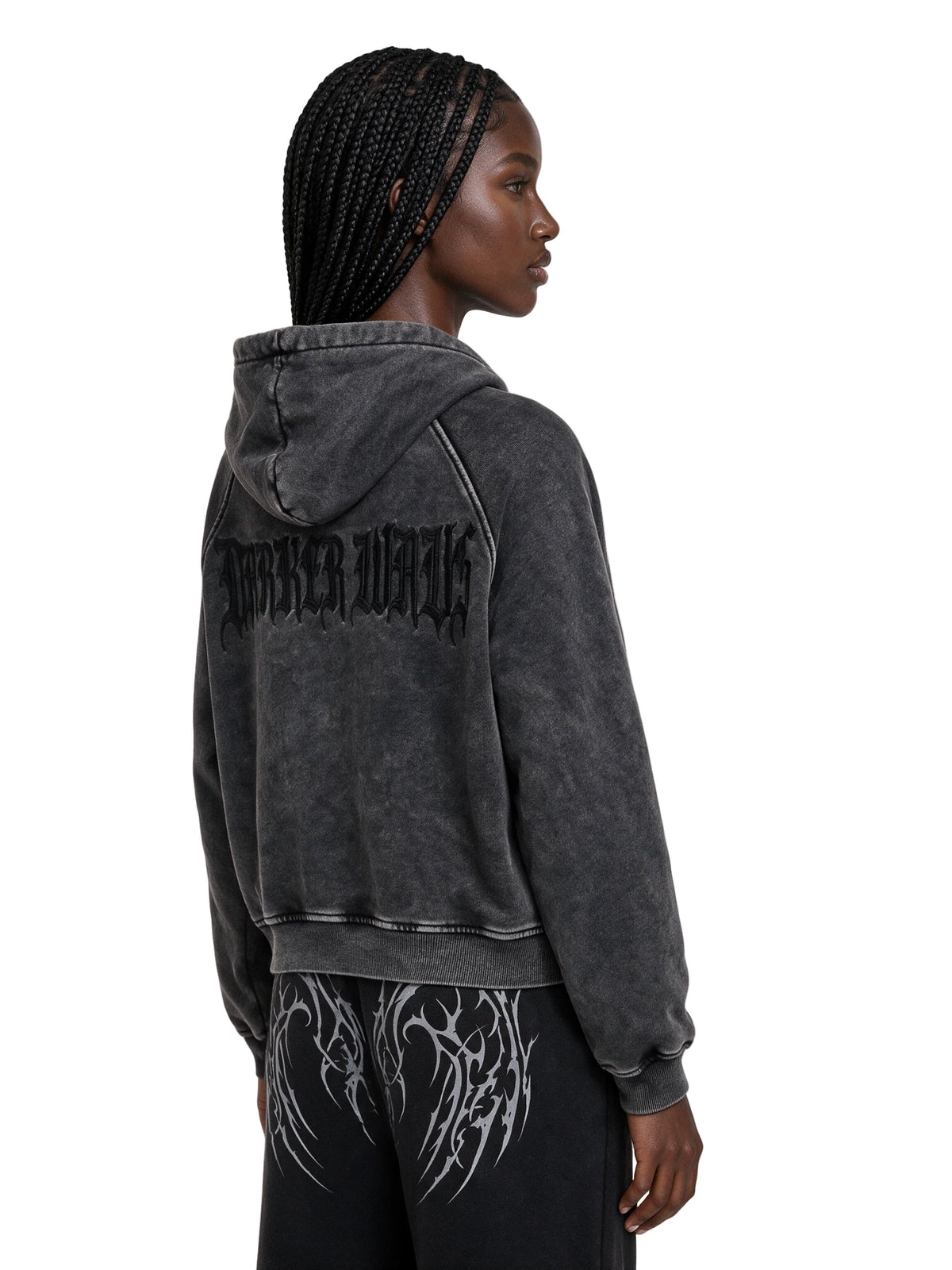 Studded Washed Zip Hoodie - Black