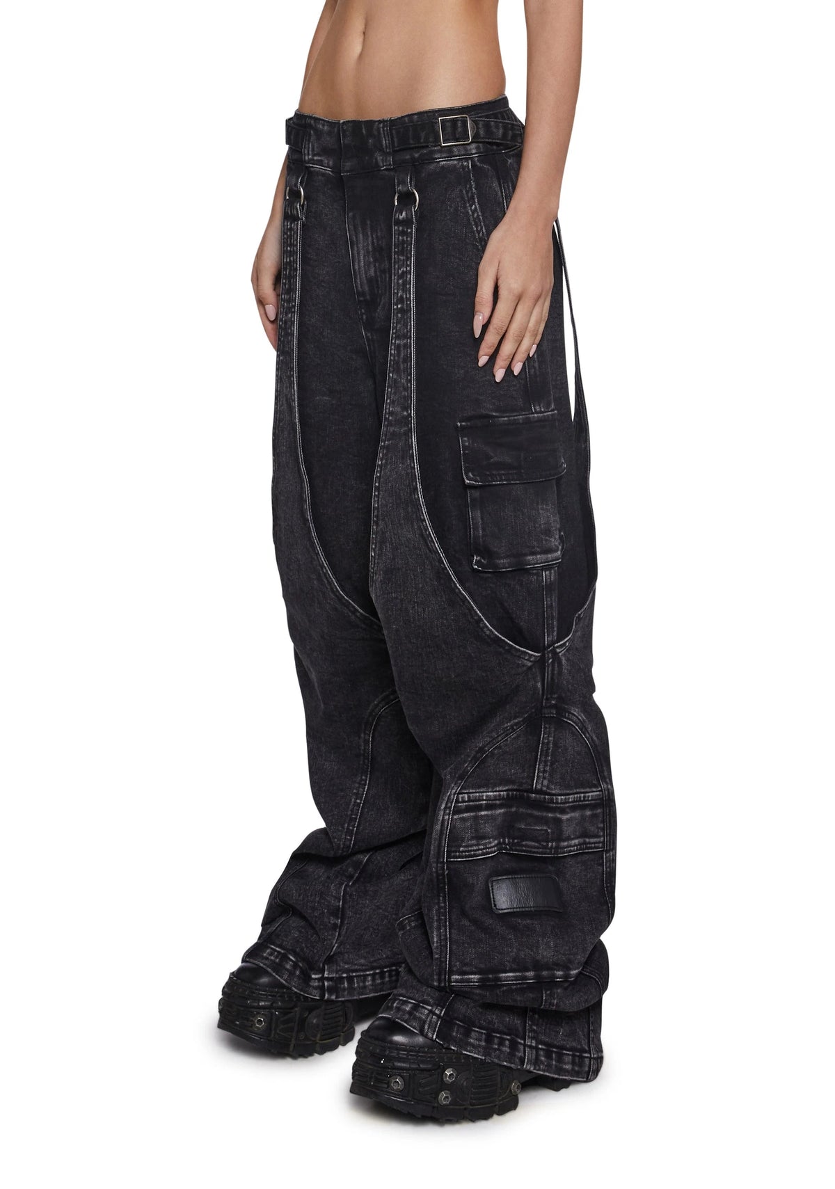 Washed Denim Wide-Leg Cargo Pants - Black