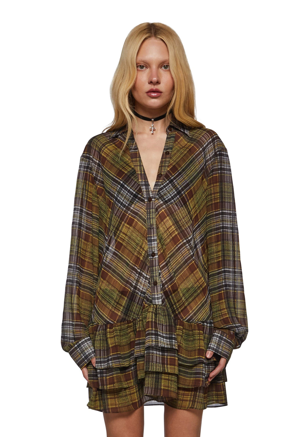 Plaid Chiffon Drop-Waist Mini Dress