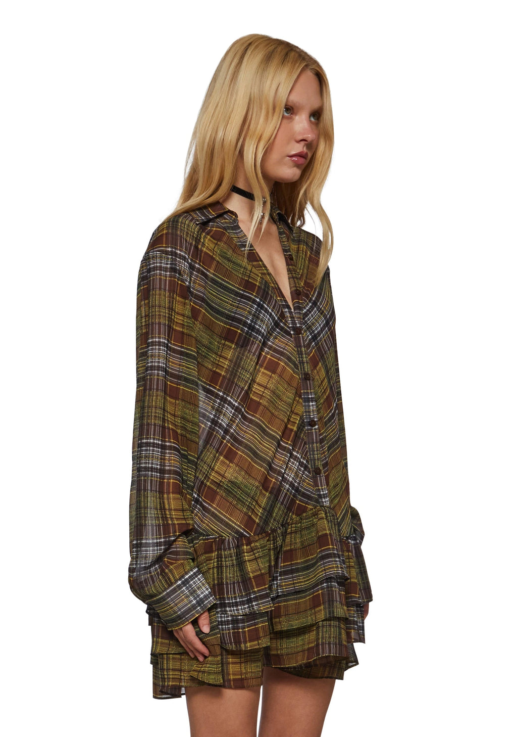 Plaid Chiffon Drop-Waist Mini Dress