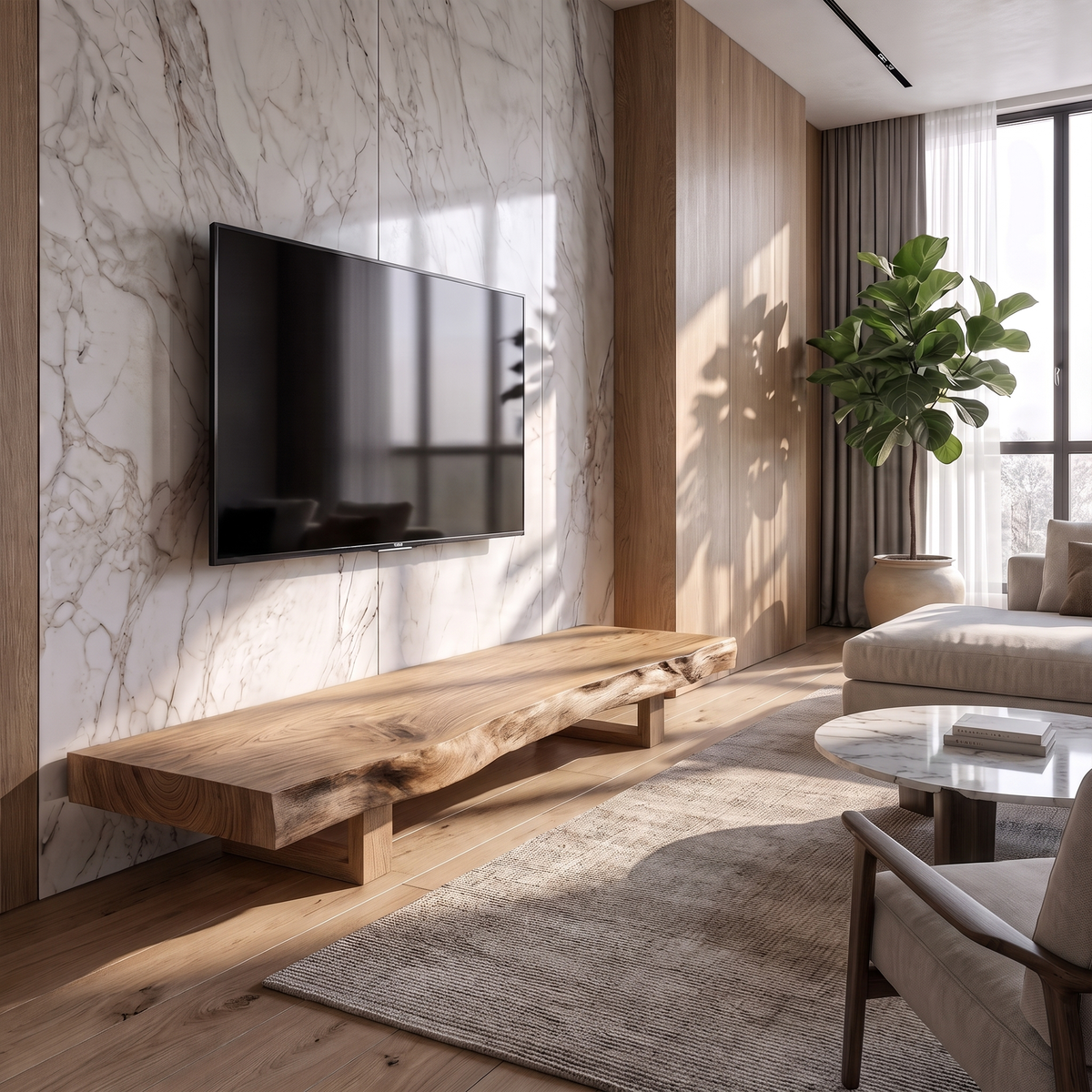 Mid Century TV Console Live Edge Wood Master Bedroom