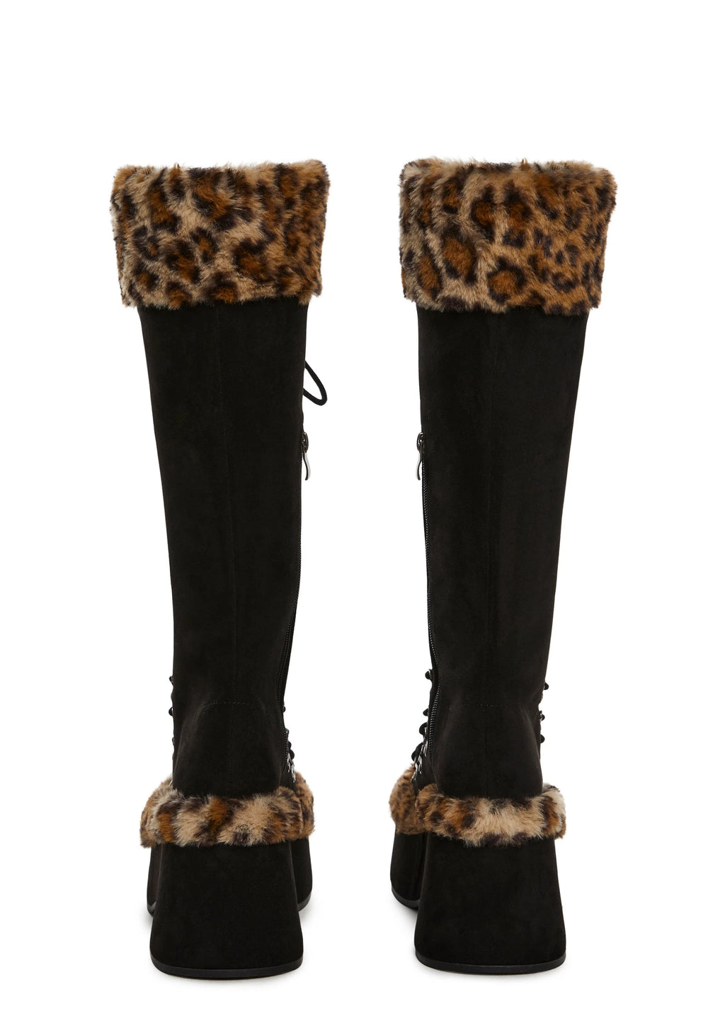 Leopard Trim Platform Lace-Up Boots - Black