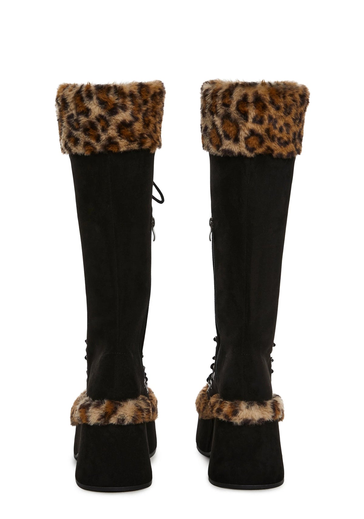Leopard Trim Platform Lace-Up Boots - Black