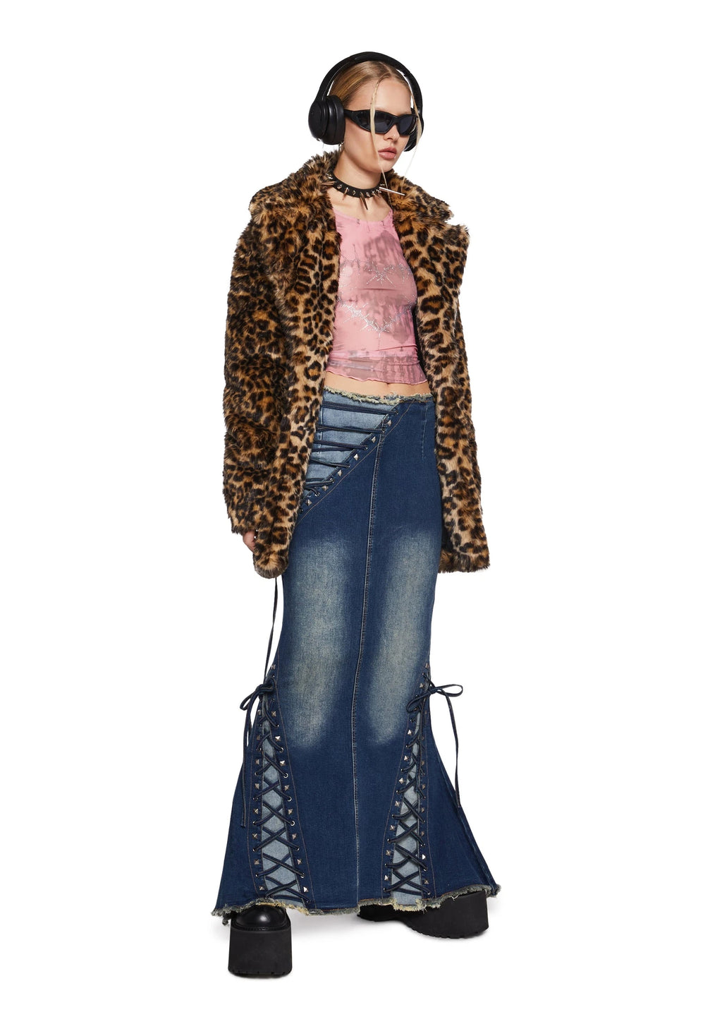 Distressed Lace Panel Maxi Skirt - Blue