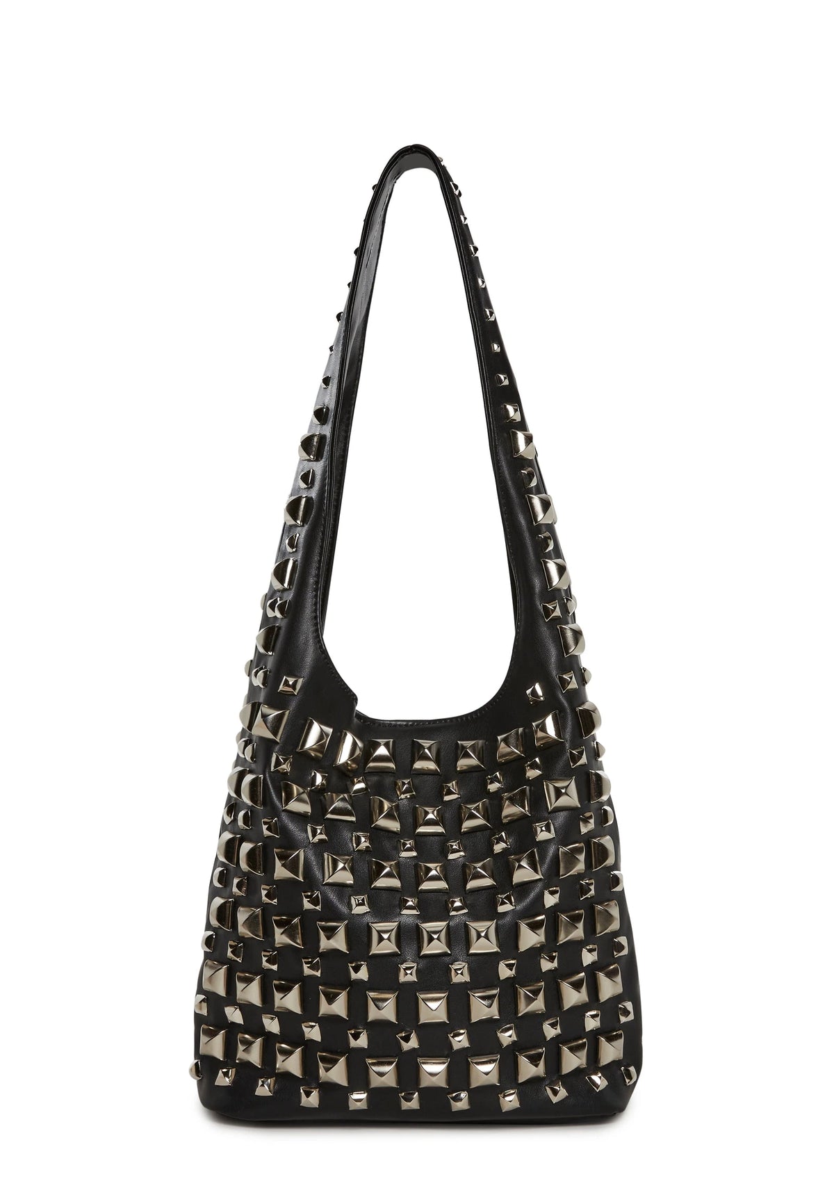 Pyramid Stud Faux Leather Hobo Tote - Black