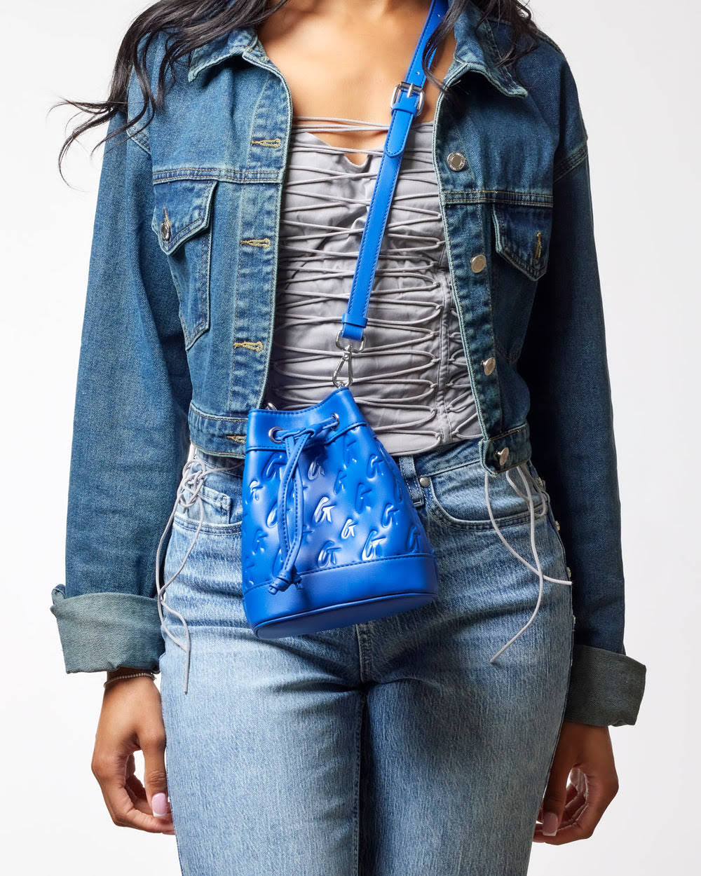 Mini Patterned Bucket Bag - Blue