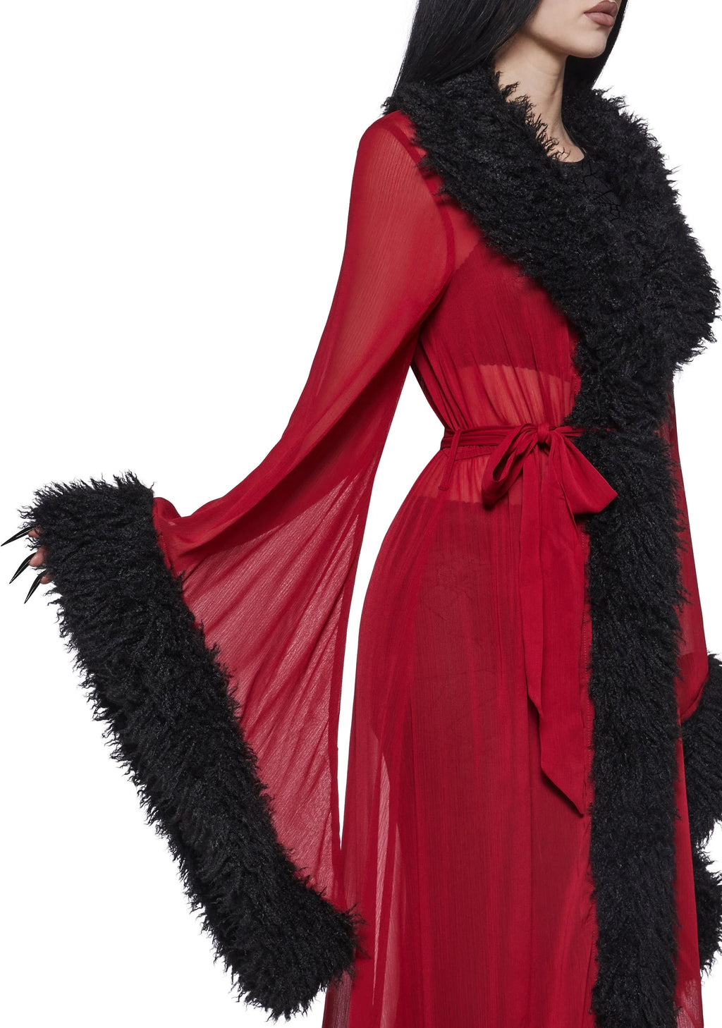 Sheer Faux Fur Trim Maxi Robe - Dark Red