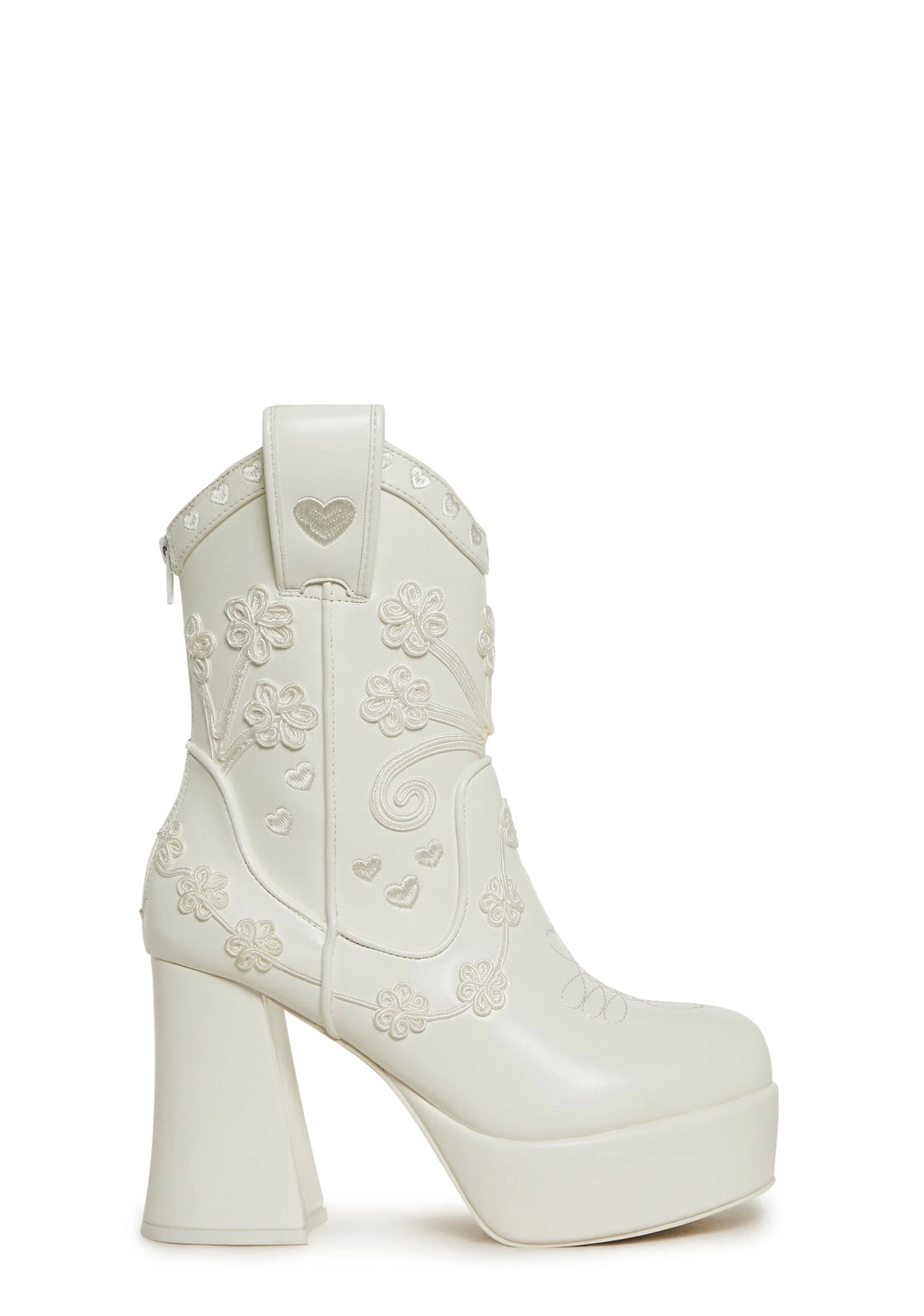 Embroidered Platform Western Boots - White
