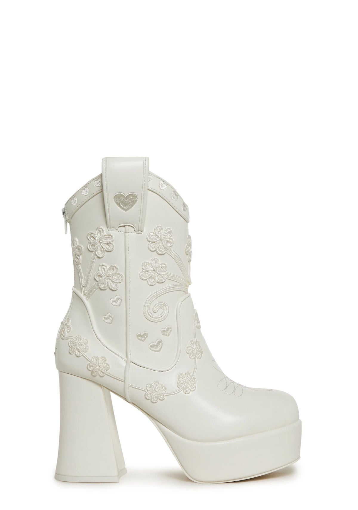 Embroidered Platform Western Boots - White