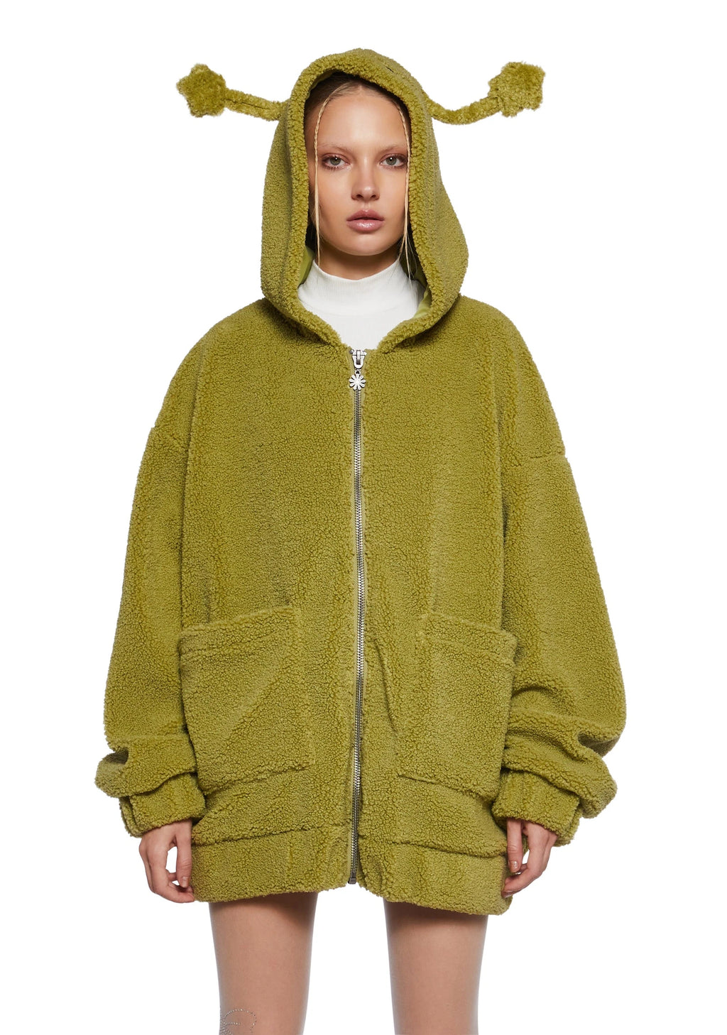 Hooded Sherpa Jacket With Alien Motif - Green