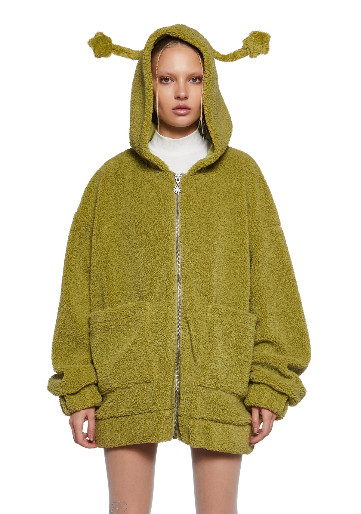 Hooded Sherpa Jacket With Alien Motif - Green