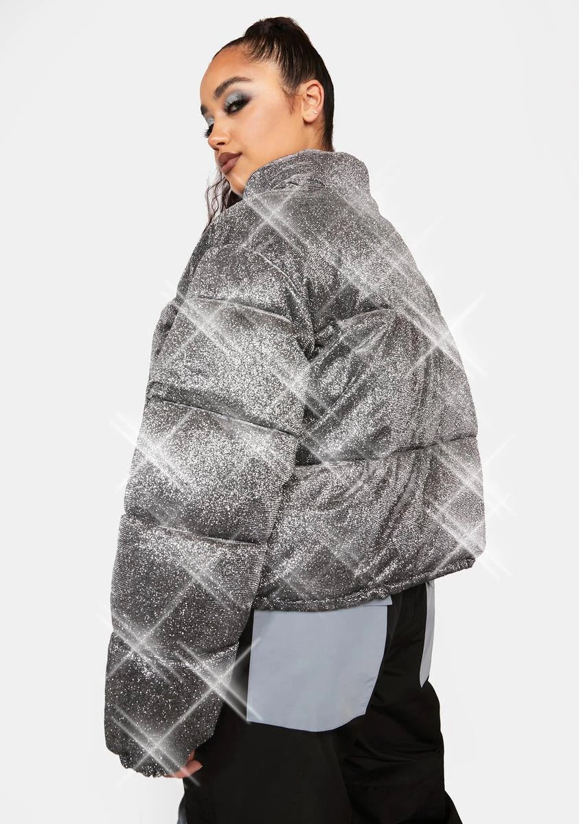 Sparkly Cropped Puffer Jacket - Silver