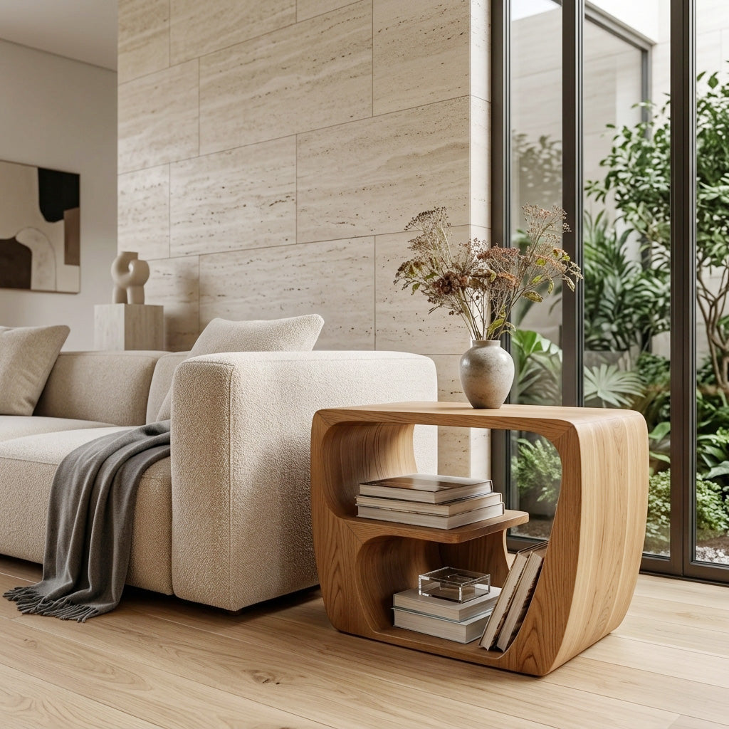 Quiet Luxury Solid Wood Side Table With Curved Design And Open Storage For Living Room