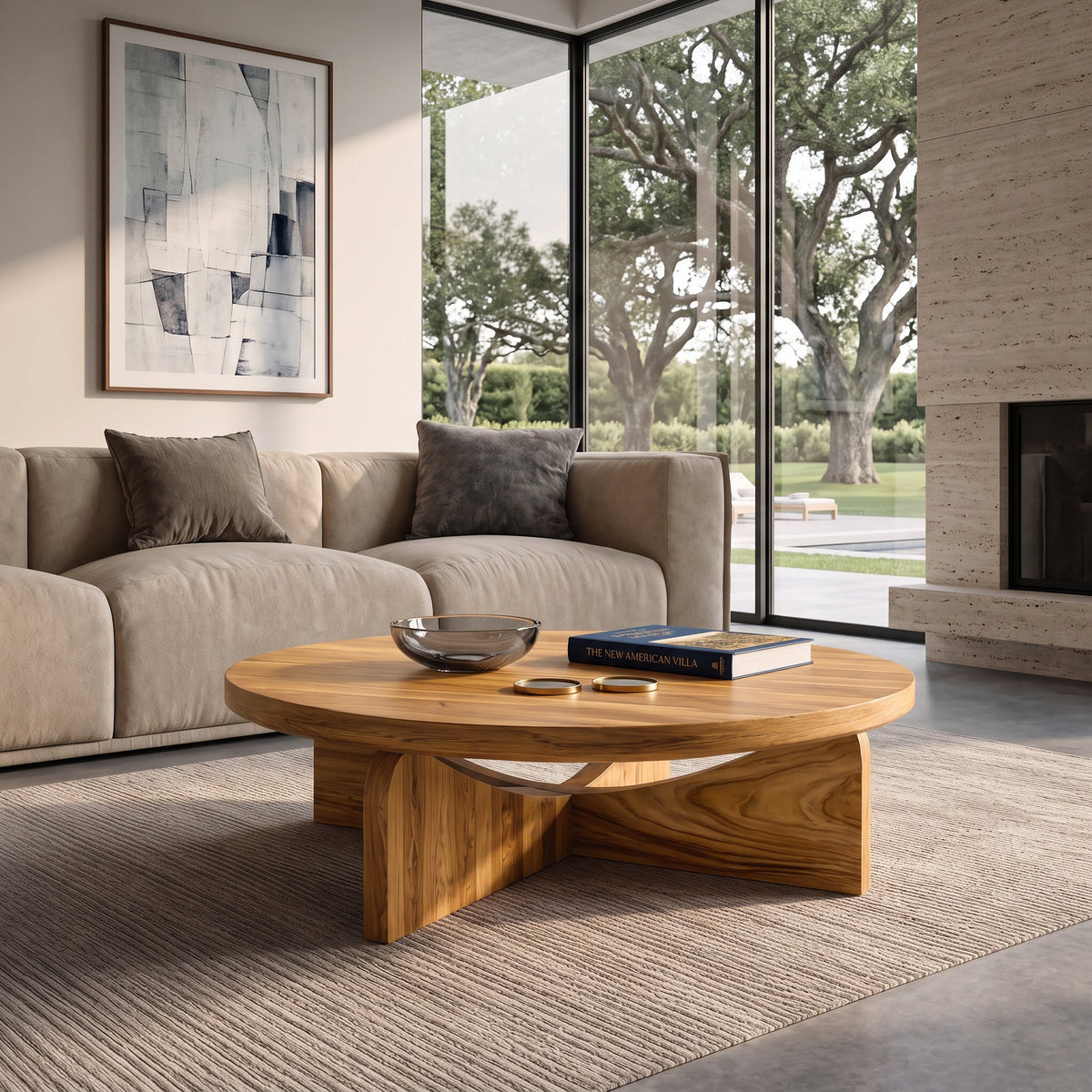 Modern Round Wood Coffee Table With Unique Base For Living