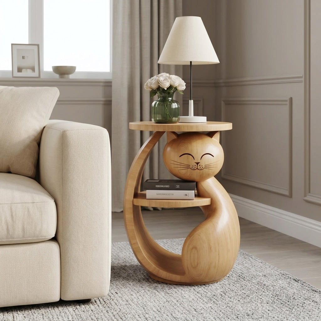 Whimsical Cat Shaped Wooden Side Table With Shelf For Bedroom Or Kids Room