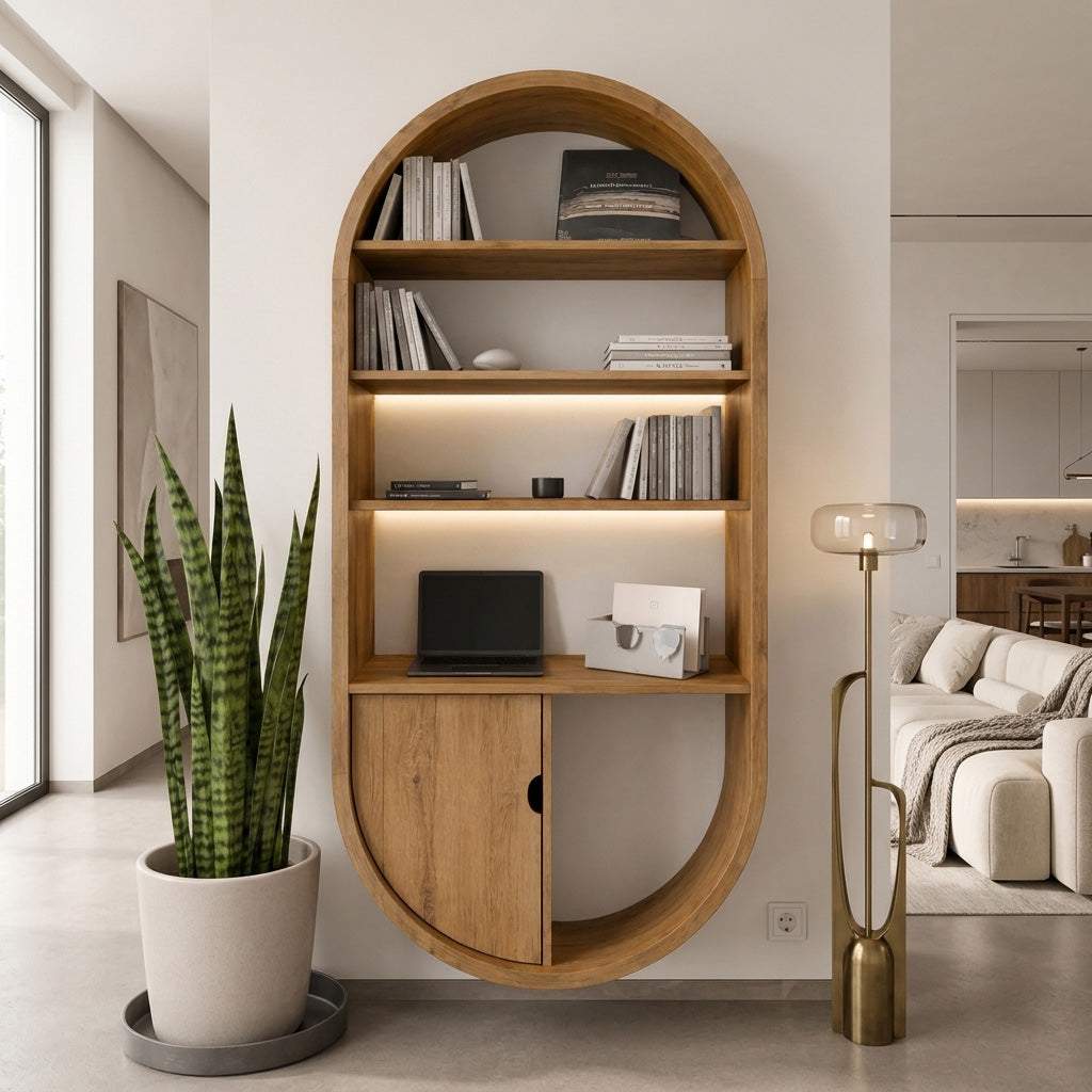 Arched Wooden Wall Bookshelf With Cabinet & Lighting