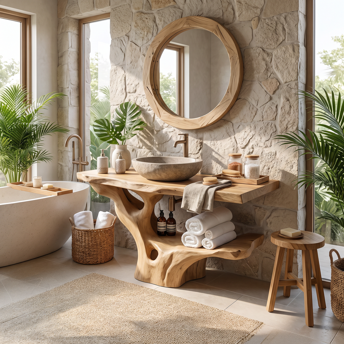 Modern Solid Wood Bathroom Vanity Organic Live Edge For Minimalist Bath