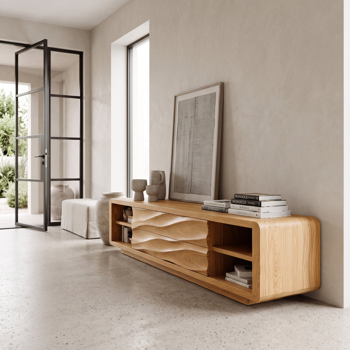 Quiet Luxury Low Sculpted Sideboard For Living Room