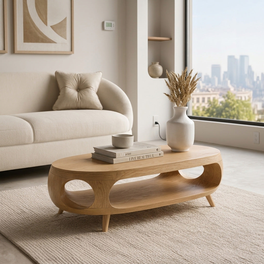 Sculptural Oval Coffee Table With Shelf For Living Room