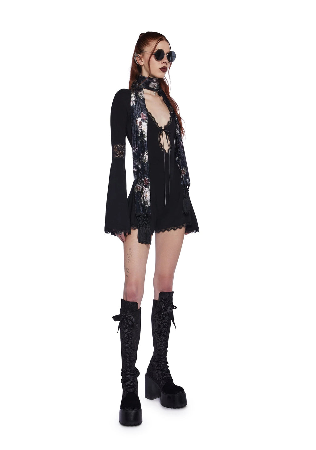 Lace Panel Bell Sleeve Romper - Black