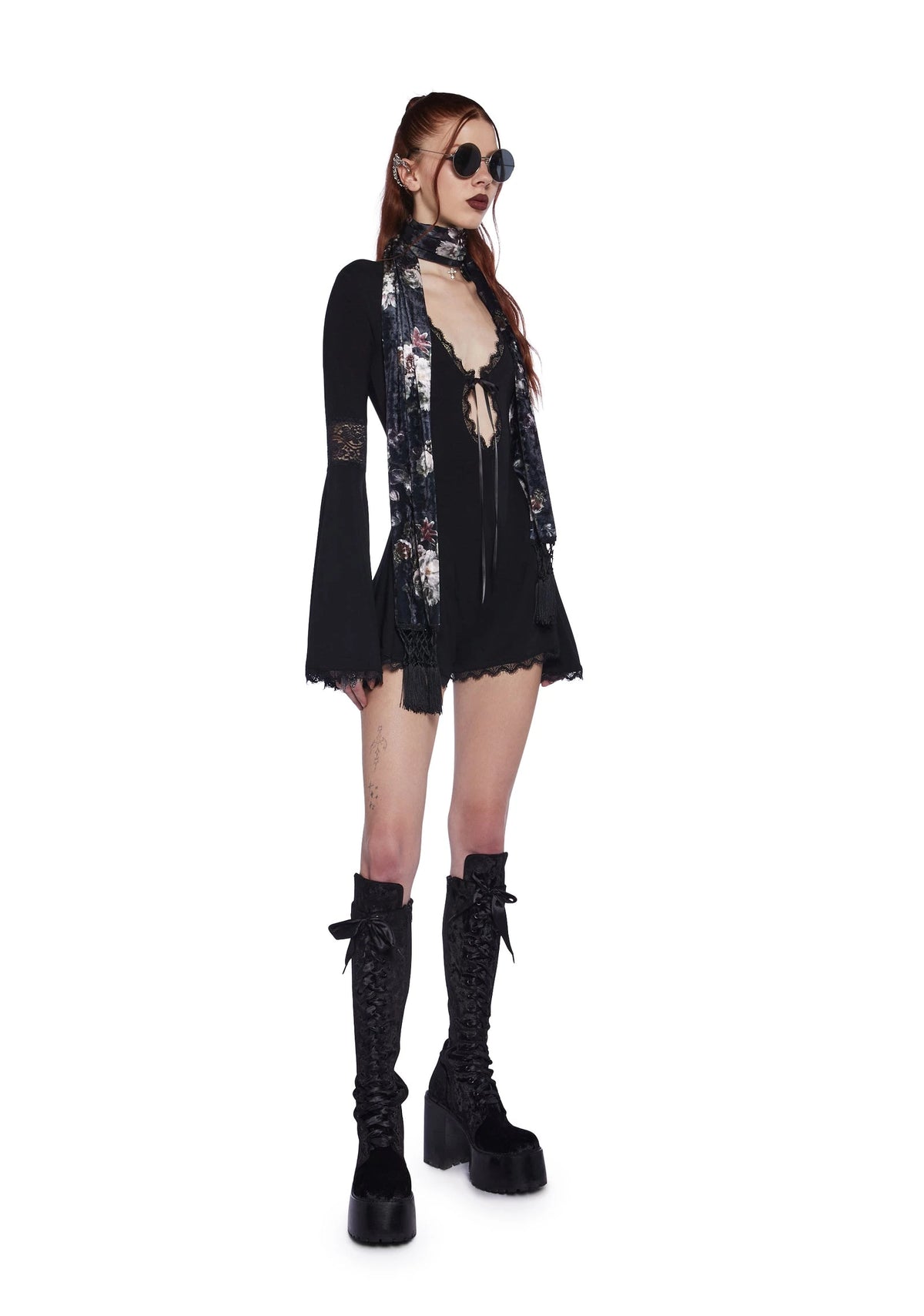 Lace Panel Bell Sleeve Romper - Black