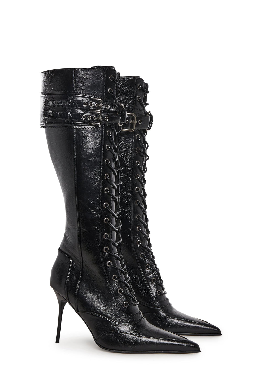 Pointed Toe Lace-Up Stiletto Boots - Black