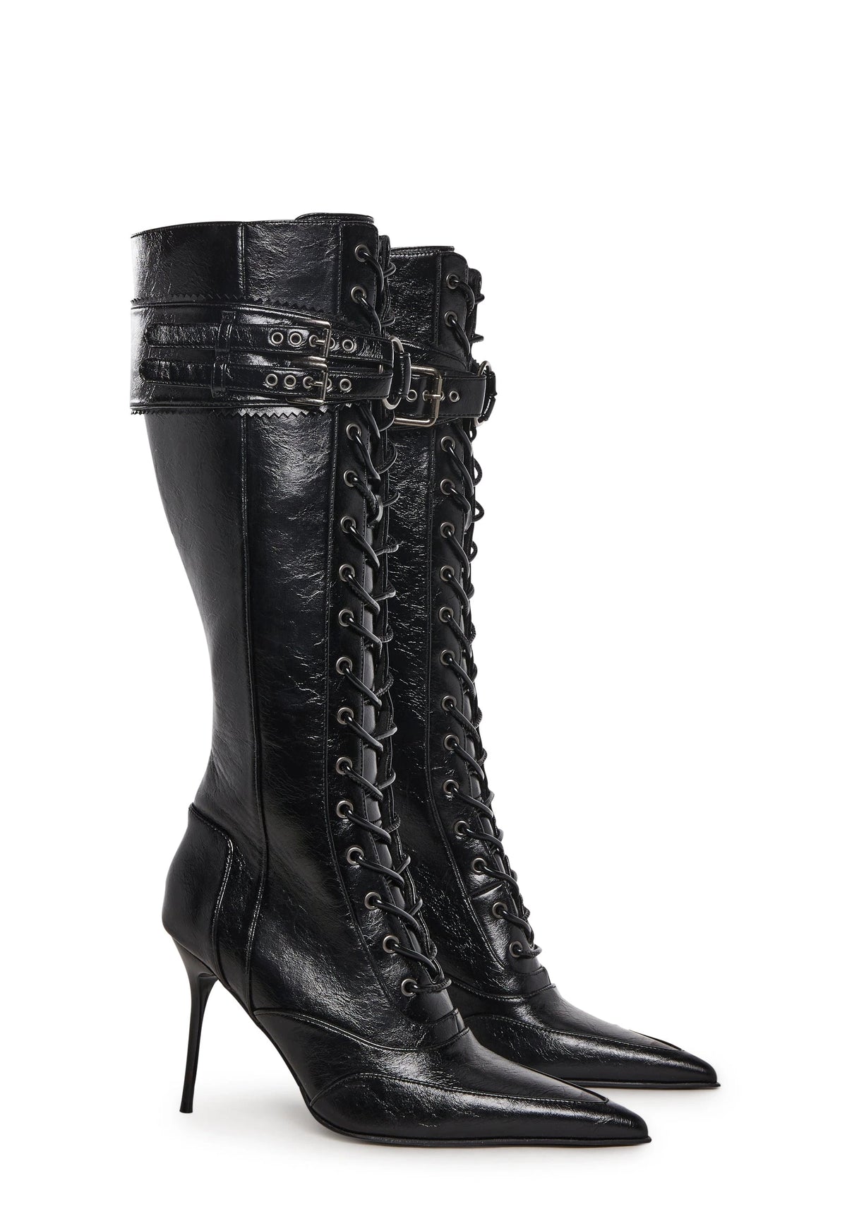 Pointed Toe Lace-Up Stiletto Boots - Black