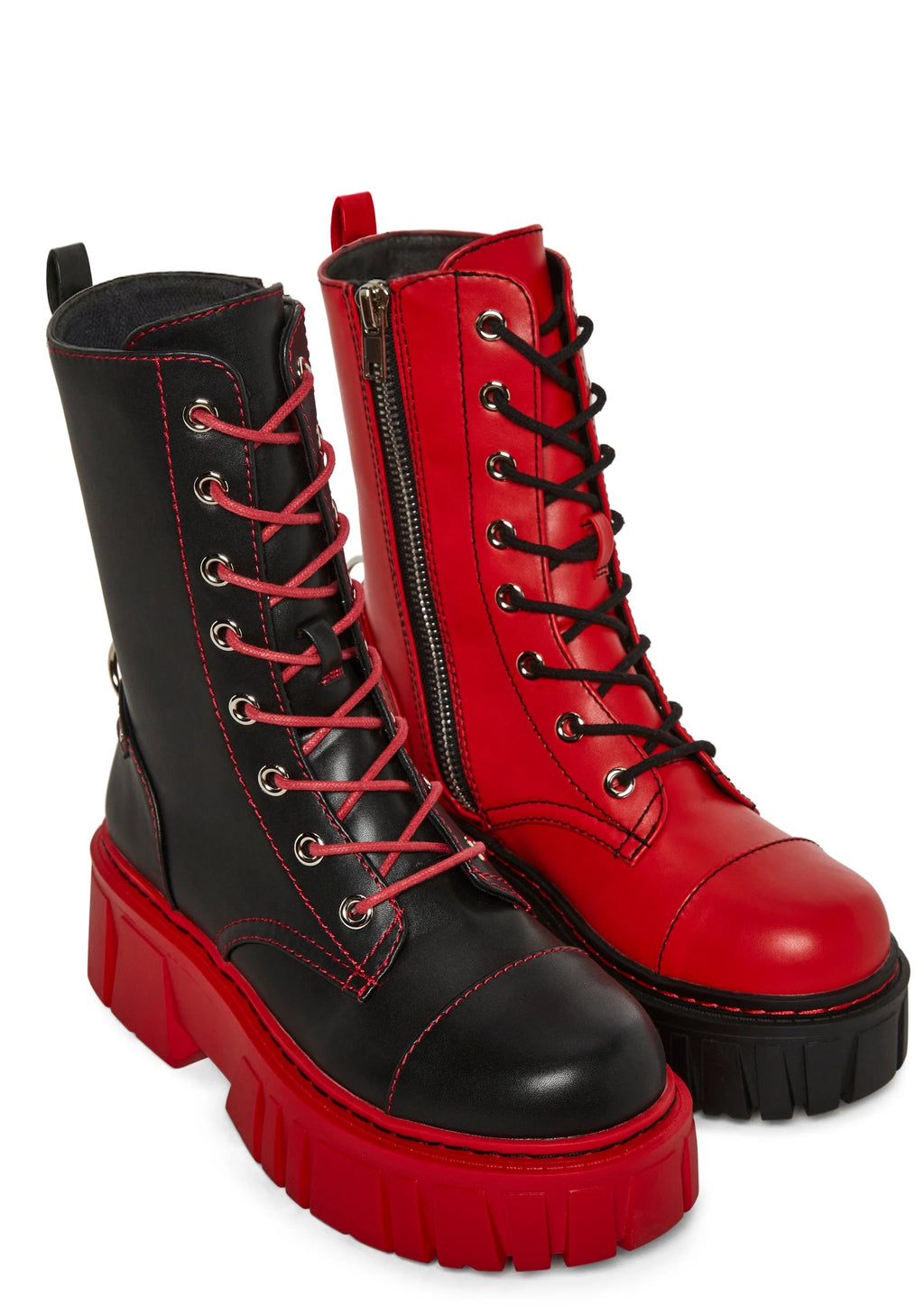 Mismatched Platform Combat Boots - Red
