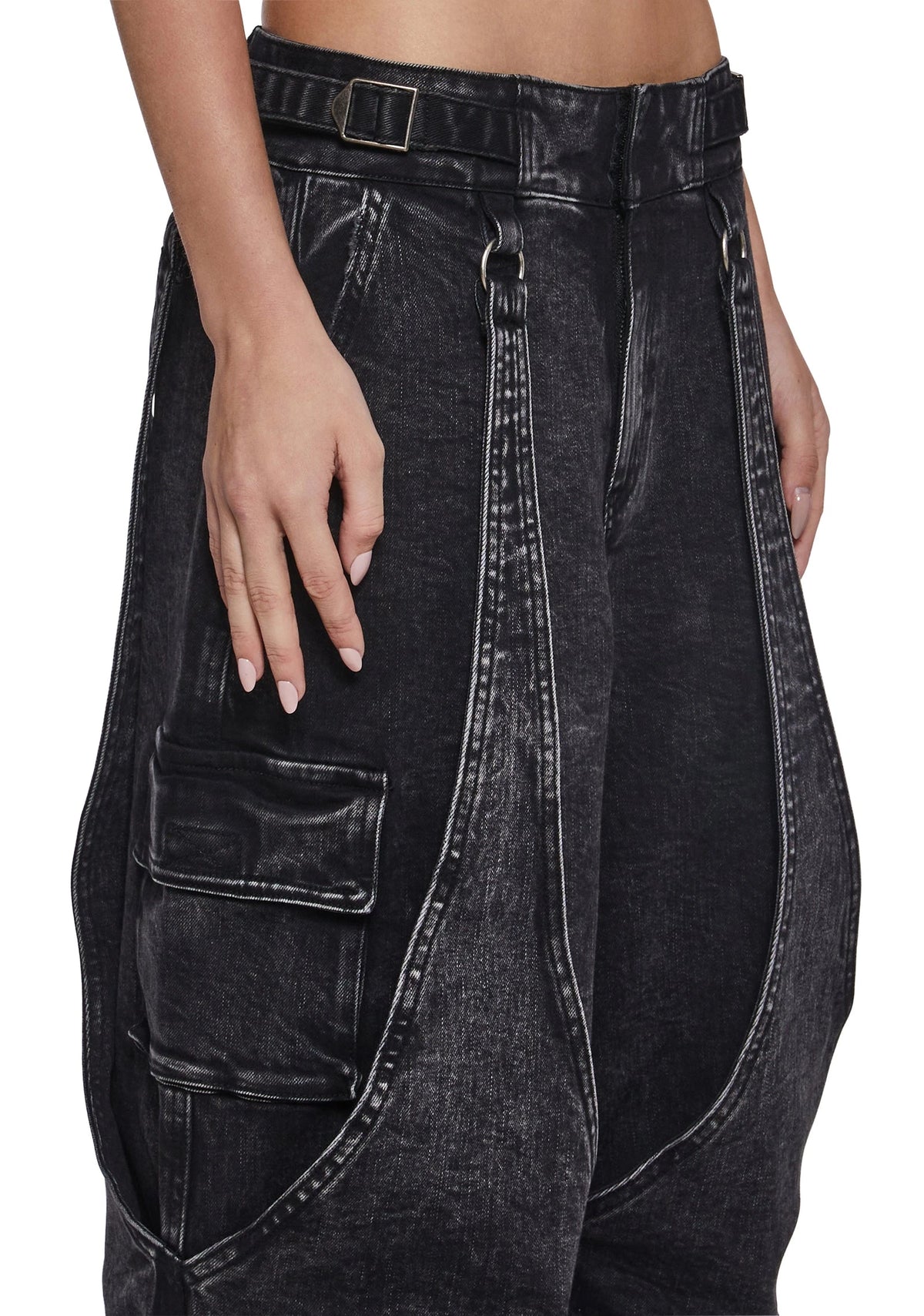 Washed Denim Wide-Leg Cargo Pants - Black
