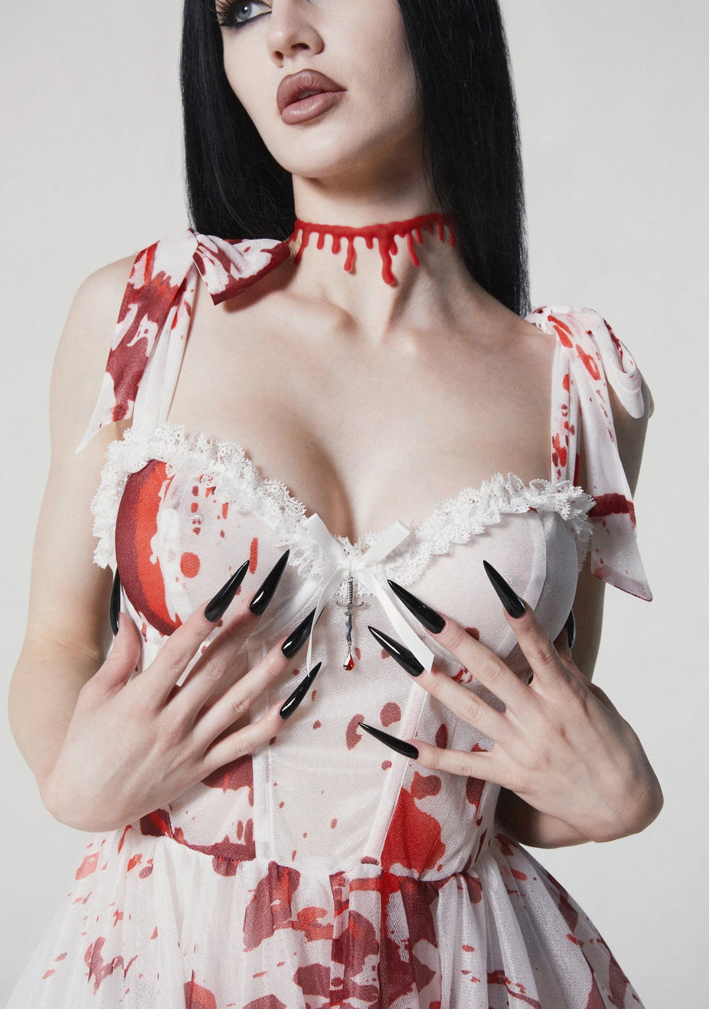 Blood Splatter Lace Maxi Costume Dress - White