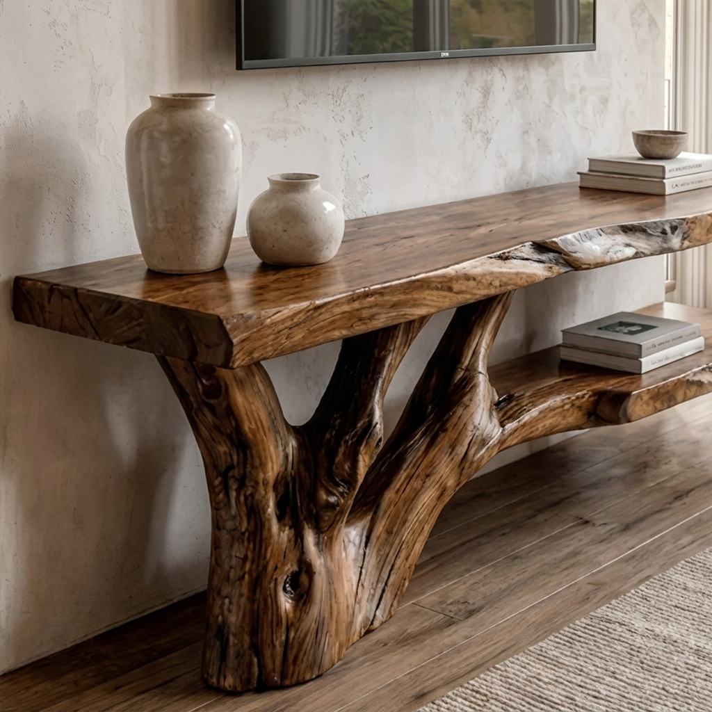 Mid Century Console Table Wood Backing Statement Luxury Showroom