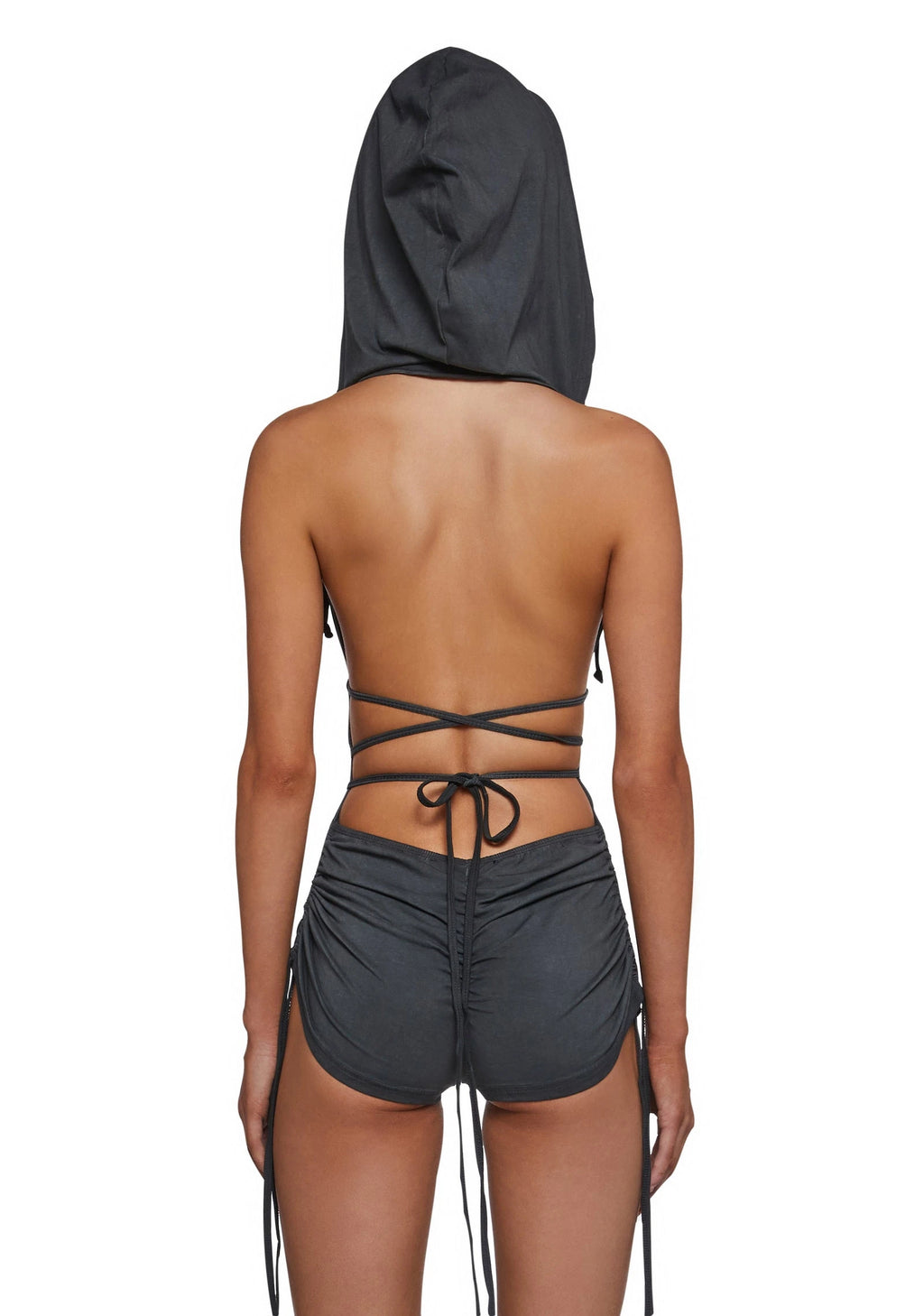 Hooded Backless Ruched Romper - Black