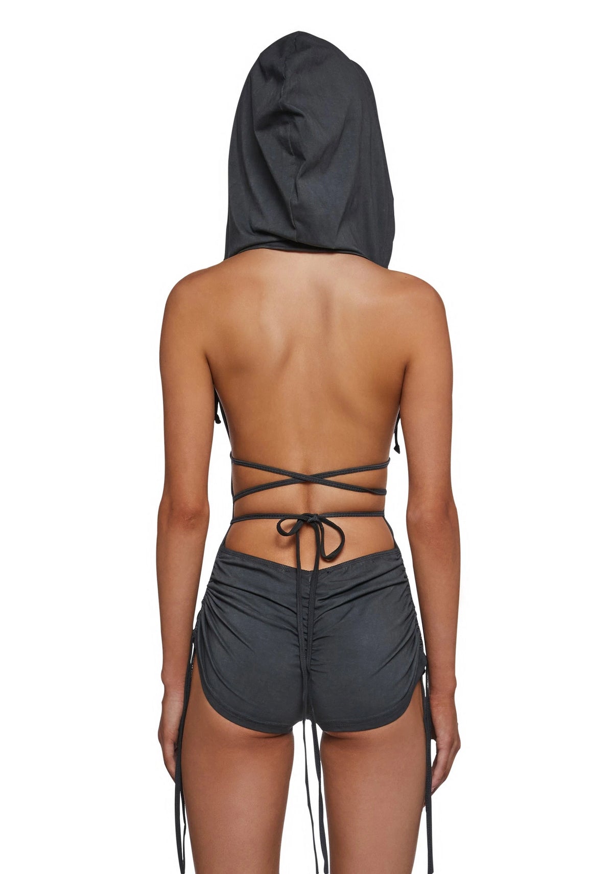 Hooded Backless Ruched Romper - Black