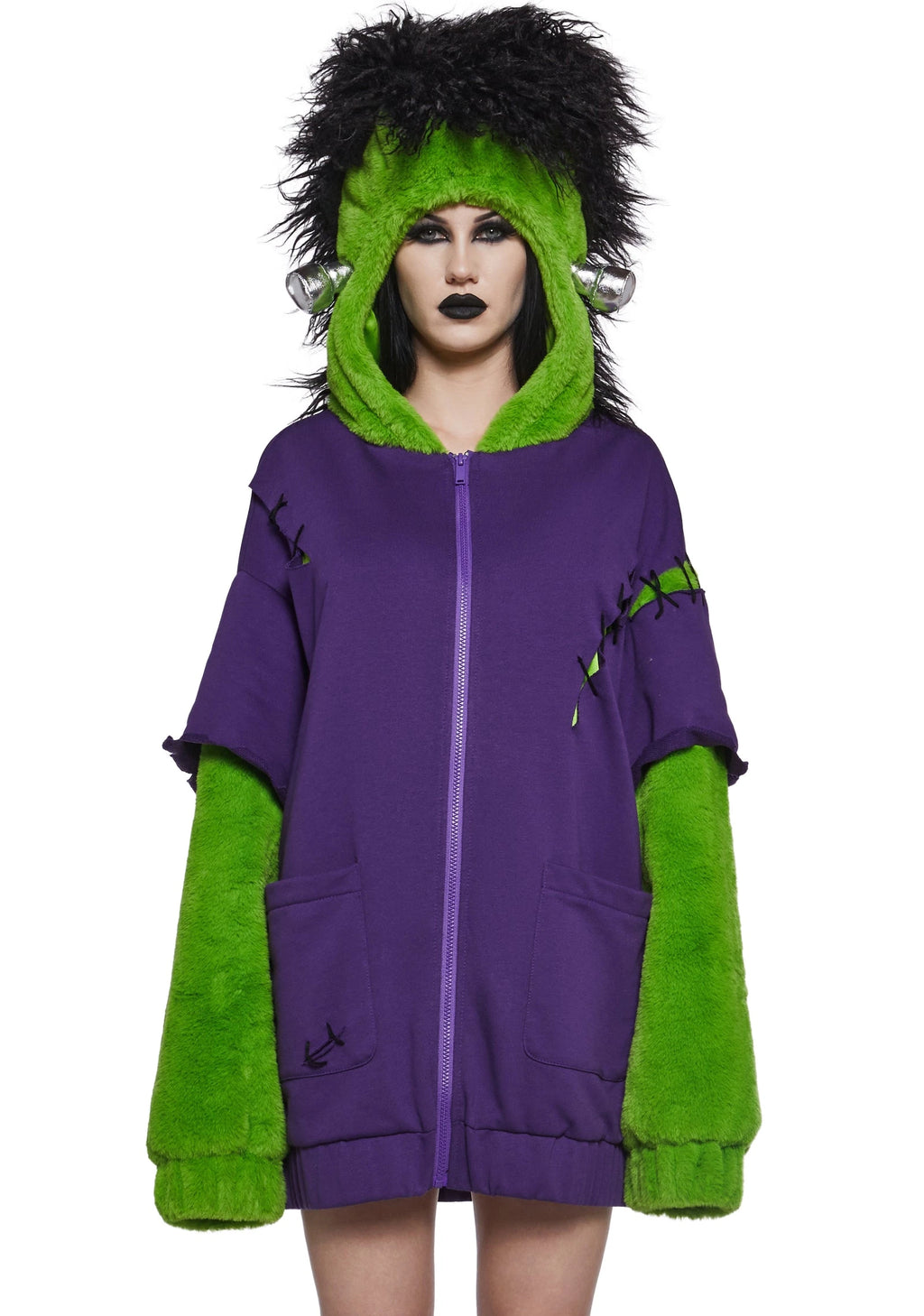Monster Hood Faux Fur Sleeve Hoodie Costume - Purple